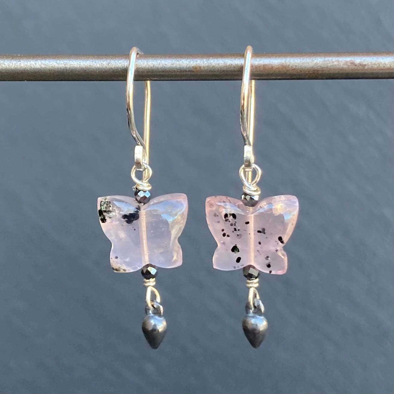 Hematite in Rose Quartz & Sterling Silver Butterfly Earrings