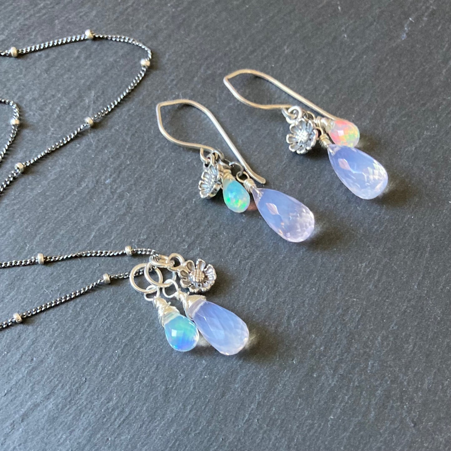 Scorolite, Ethiopian Opal & Sterling Silver Cherry Blossom Earrings