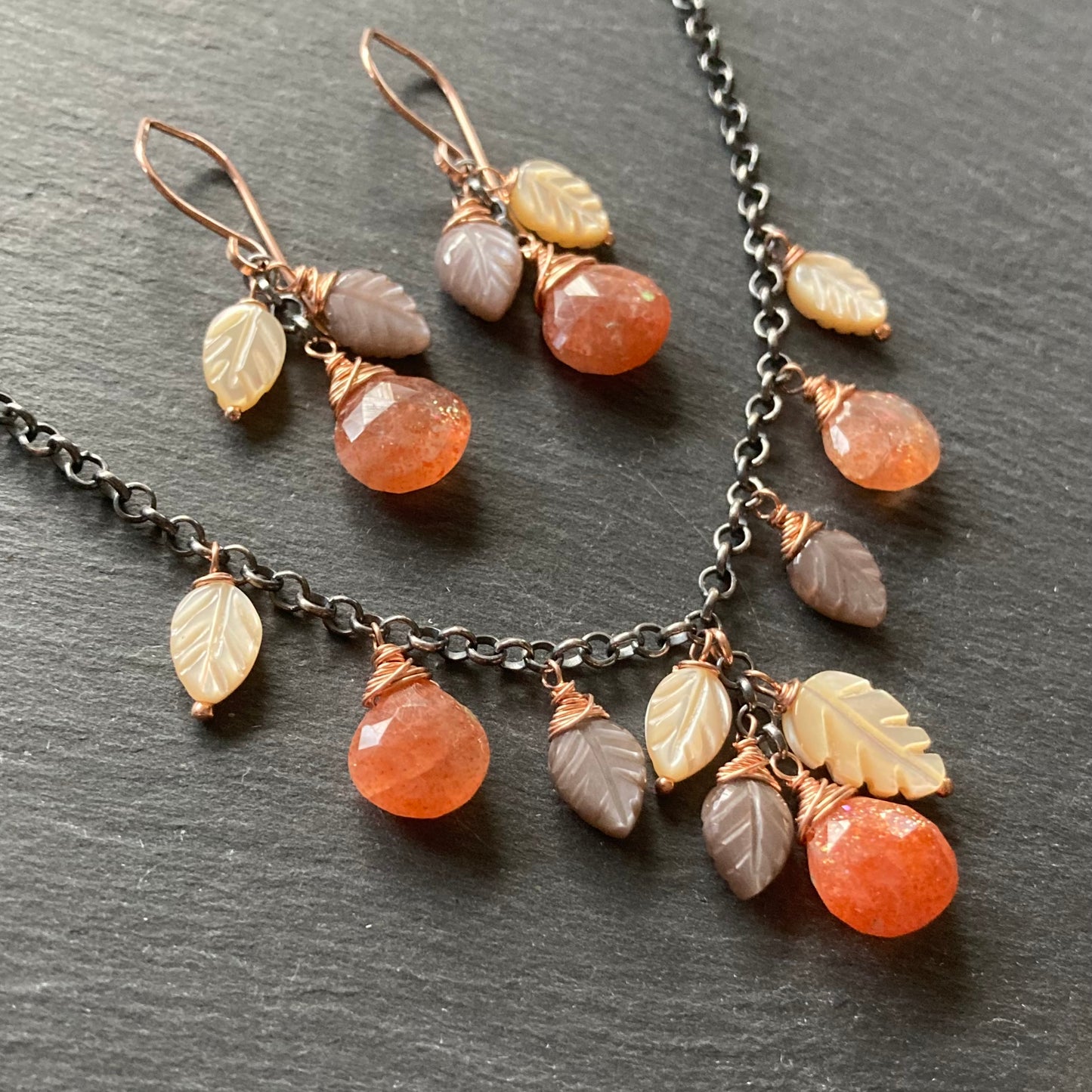 Sunstone, Chocolate Moonstone, Mother of Pearl & Mixed Metal Earrings