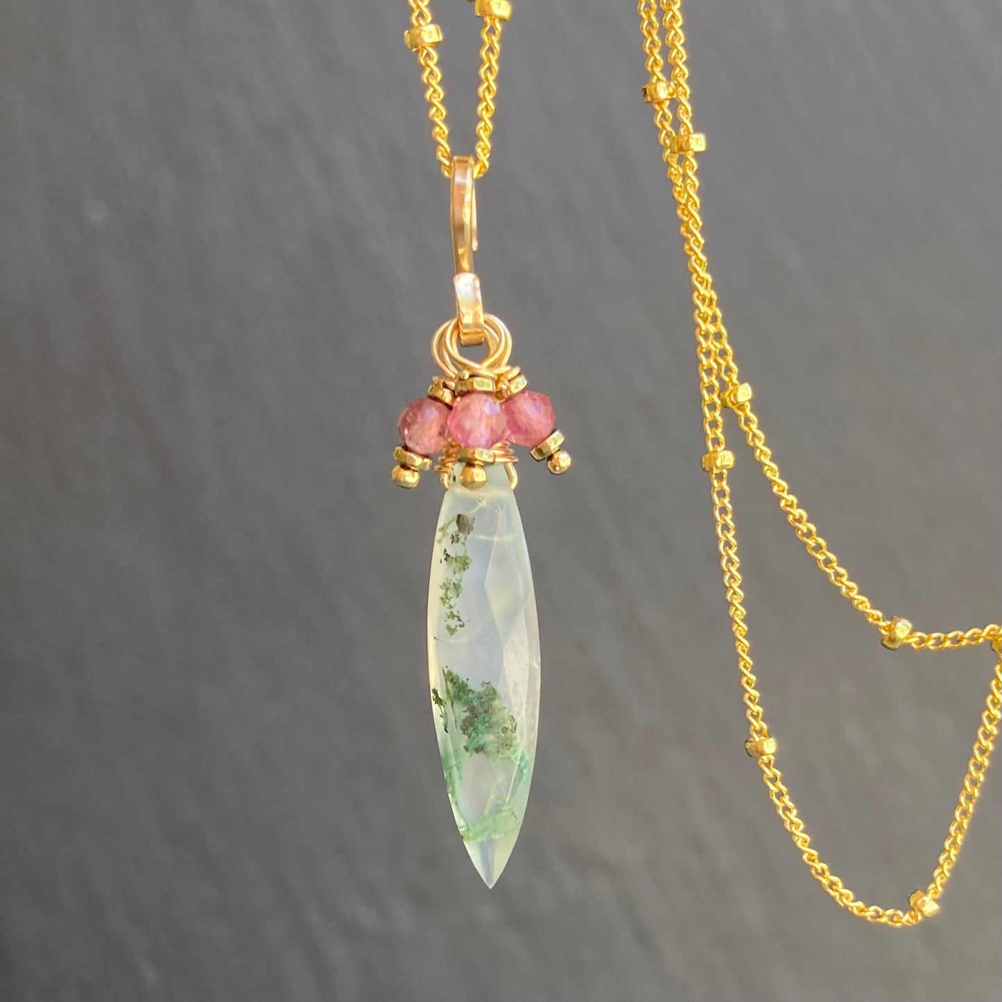 Moss Agate, Pink Tourmaline & Gold Marquis Pendant Necklace