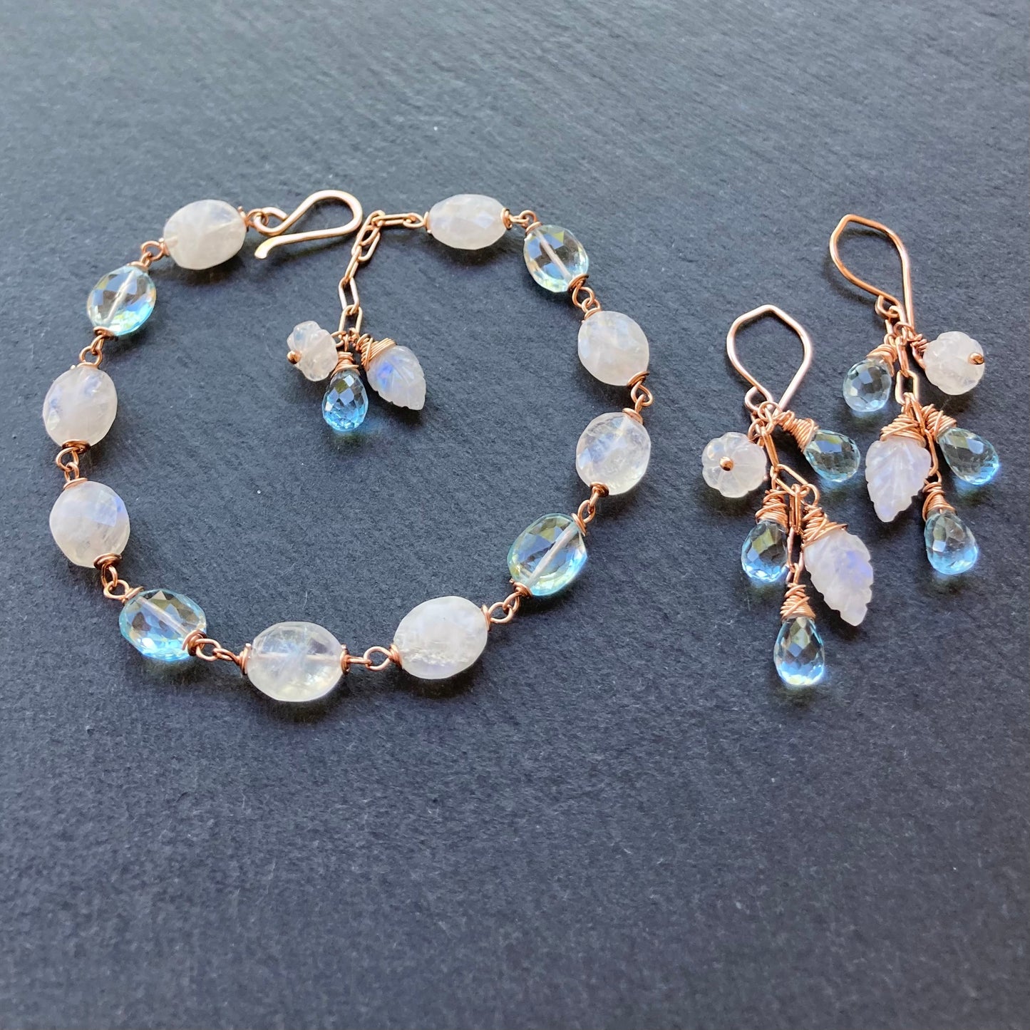 Blue Topaz, Rainbow Moonstone & Rose Gold Bracelet