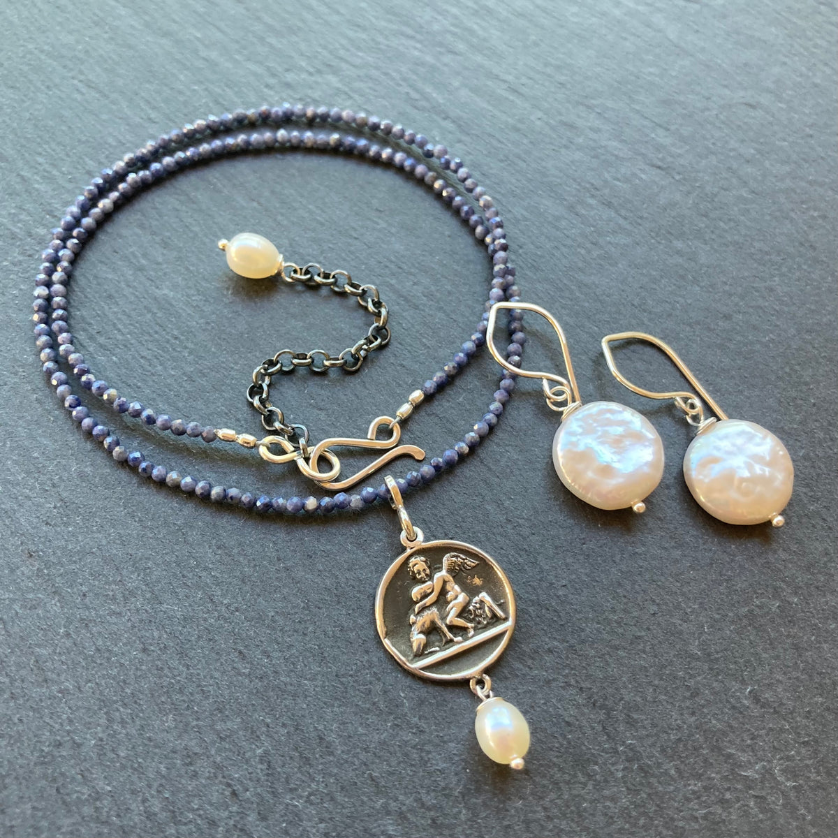 Sapphire, Freshwater Pearl & Sterling Silver Vintage Pendant Necklace