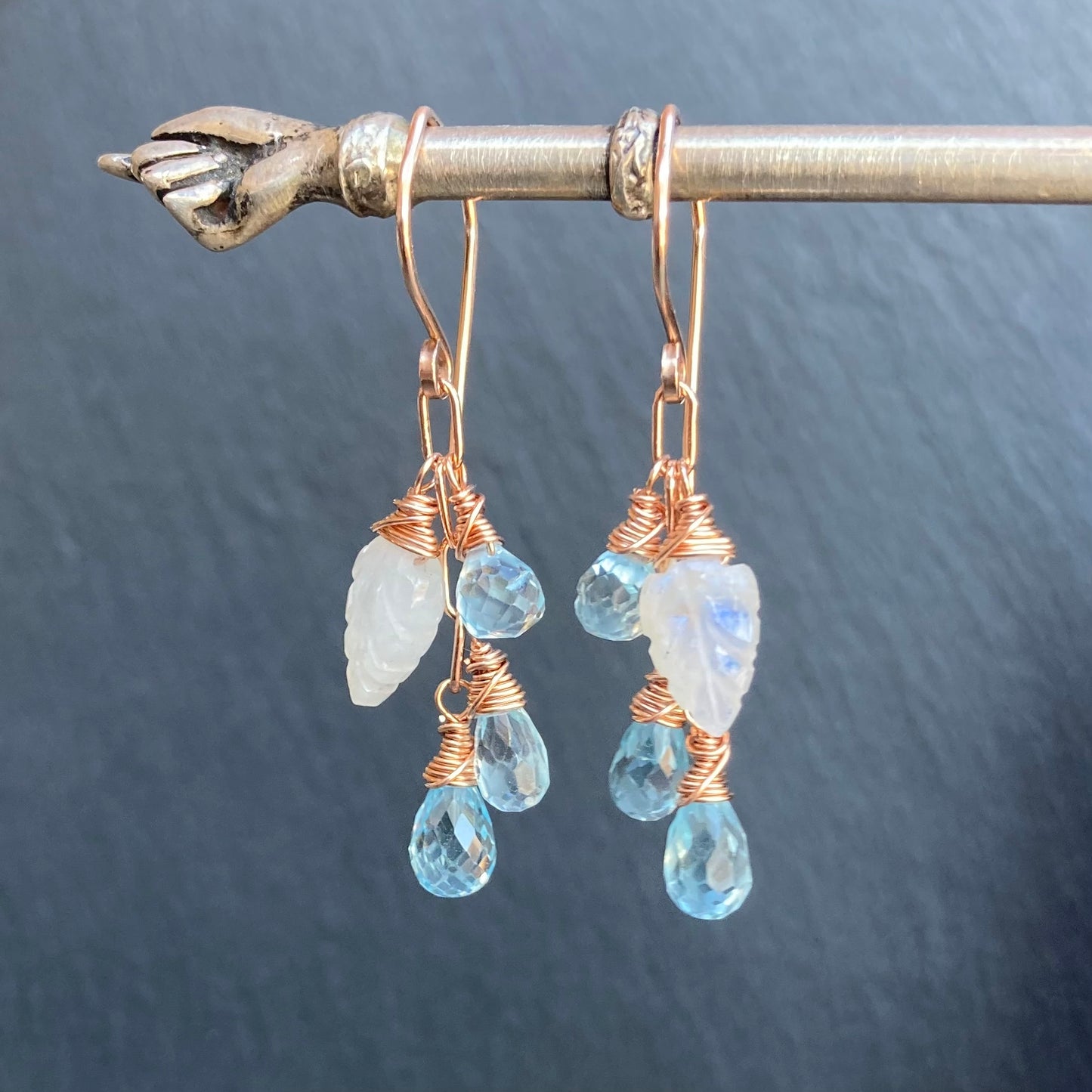 Blue Topaz, Rainbow Moonstone & Rose Gold Cascade Earrings