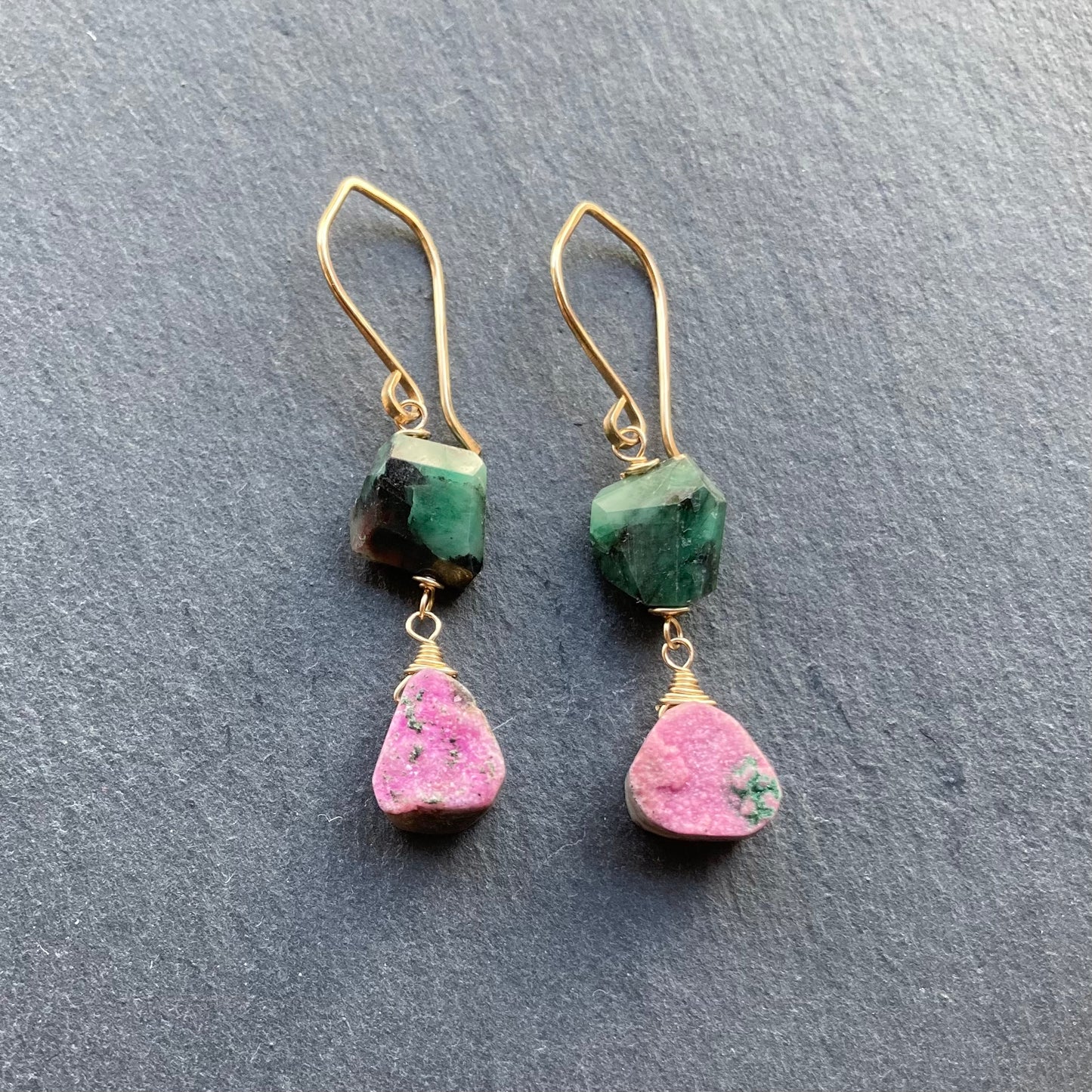 Natural Emerald, Cobalto Calcite & Gold Earrings