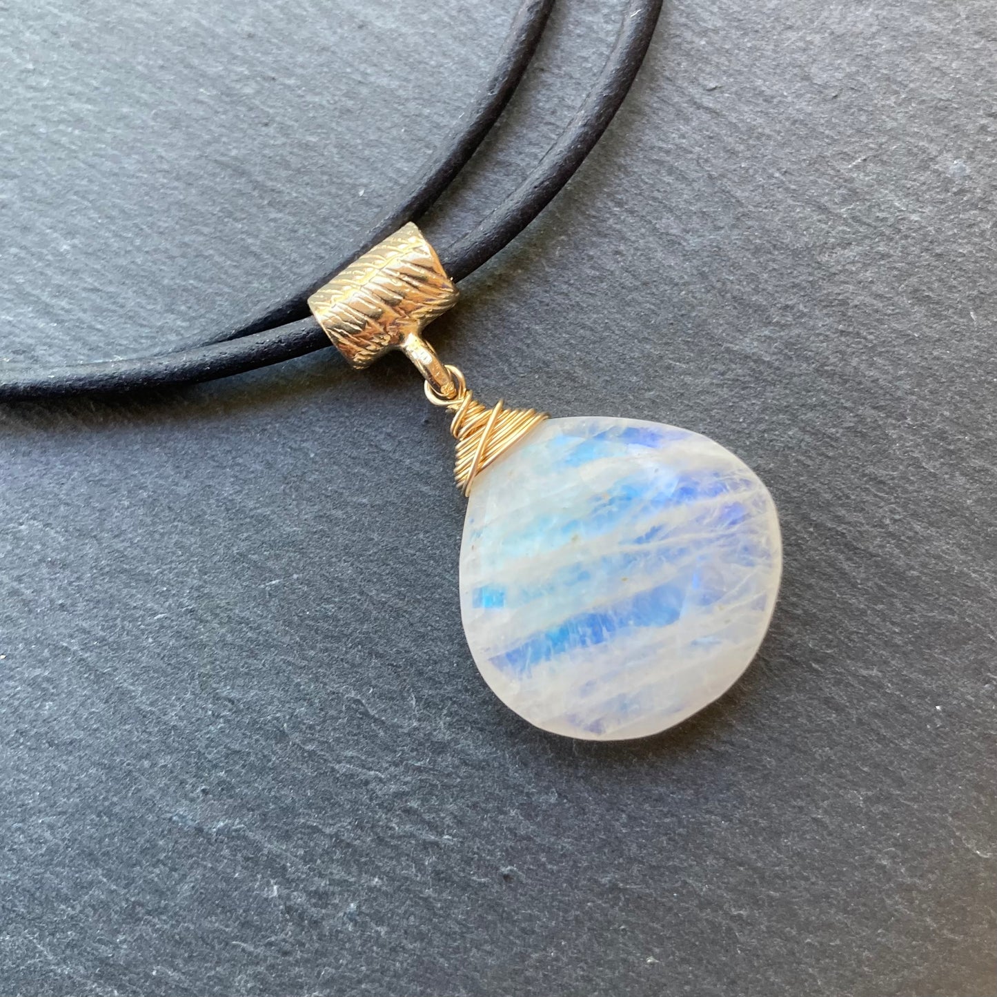 Rainbow Moonstone & Bronze Leather Choker