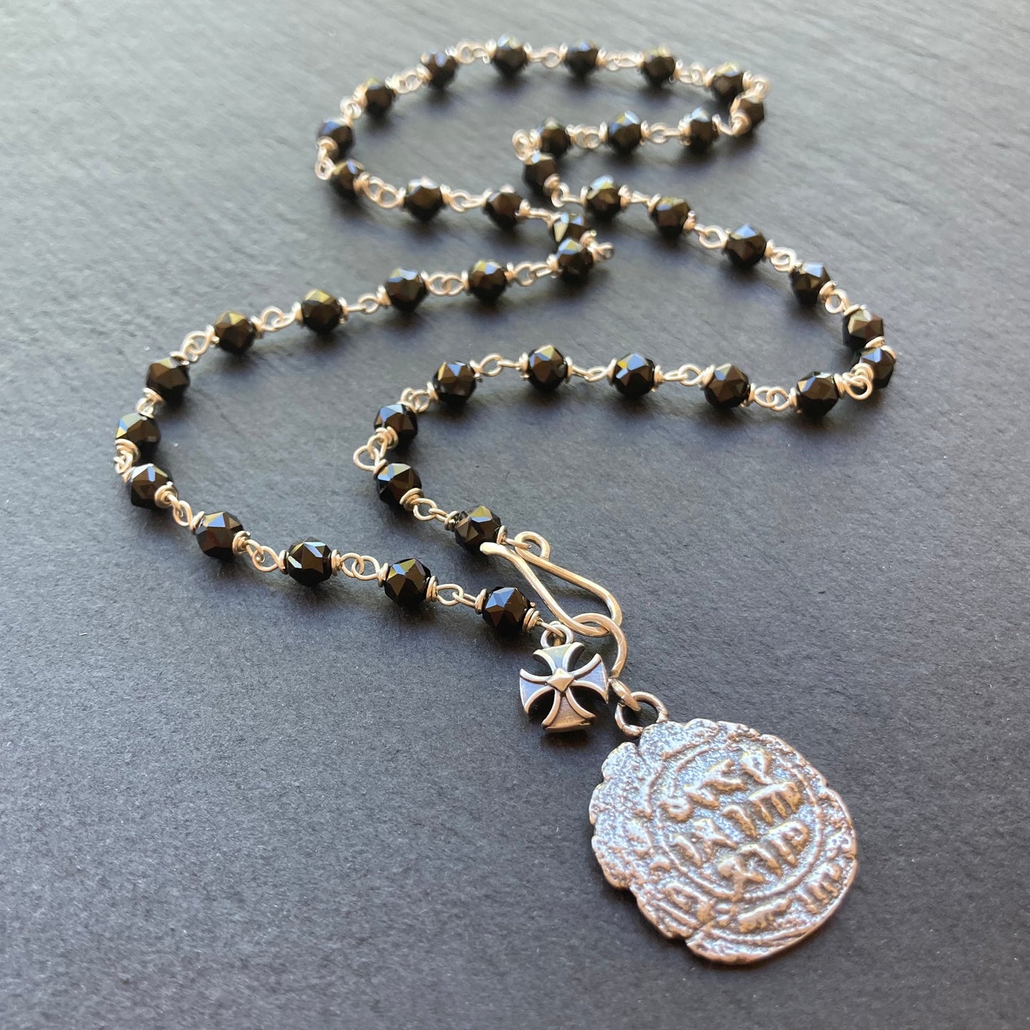 Black Spinel & Sterling Silver Medieval Coin Necklace