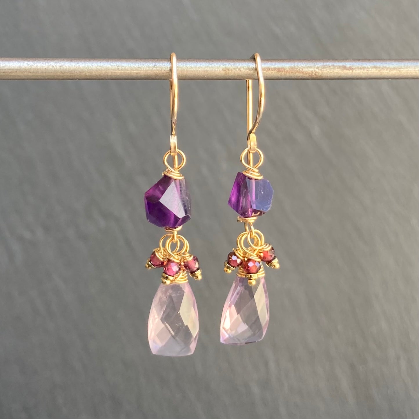 Amethyst, Rhodolite Garnet & Gold Earrings