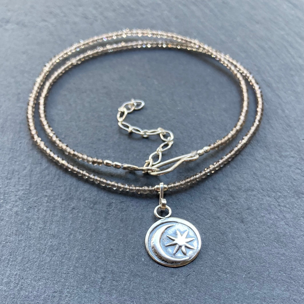 Smoky Quartz & Sterling Silver Sun Moon Pendant Choker