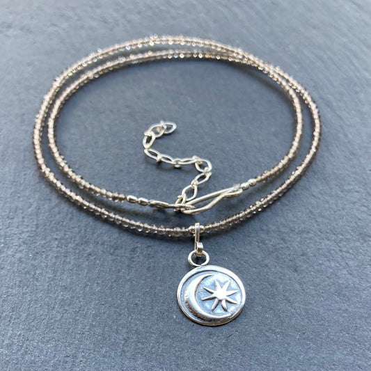 Smoky Quartz & Sterling Silver Sun Moon Pendant Choker