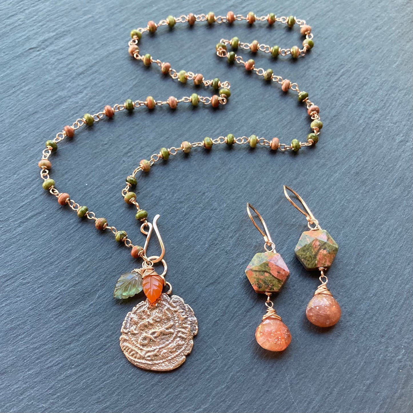 Unakite, Sunstone & Rose Gold Earrings