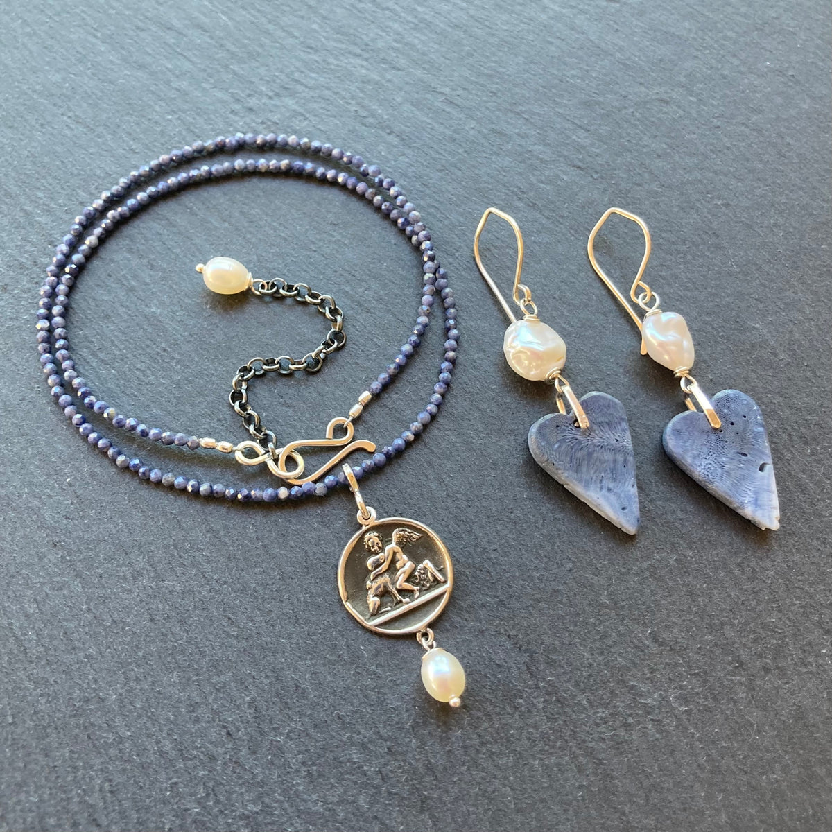 Sapphire, Freshwater Pearl & Sterling Silver Vintage Pendant Necklace