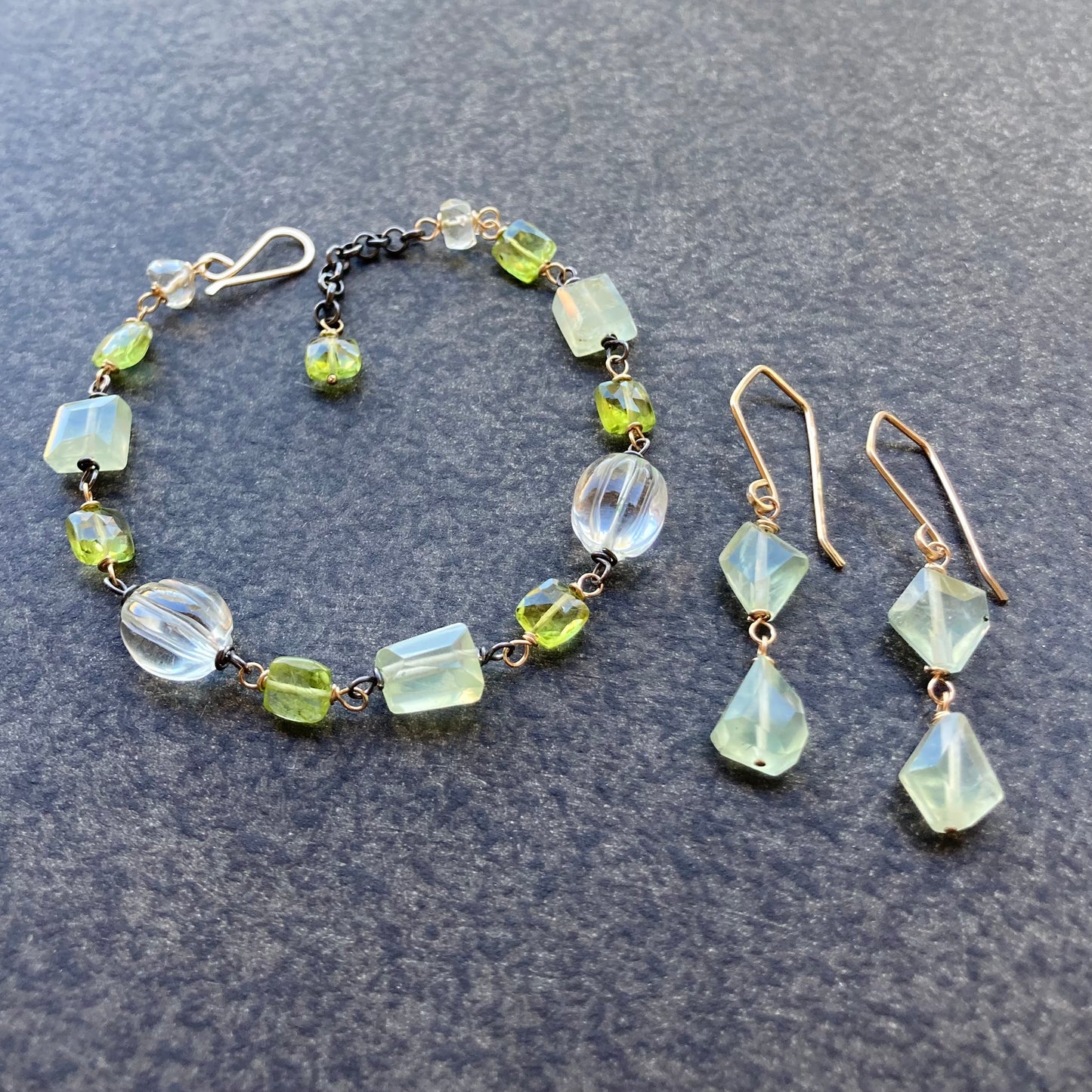 Peridot, Prasiolite, Prehnite & Mixed Metal Bracelet