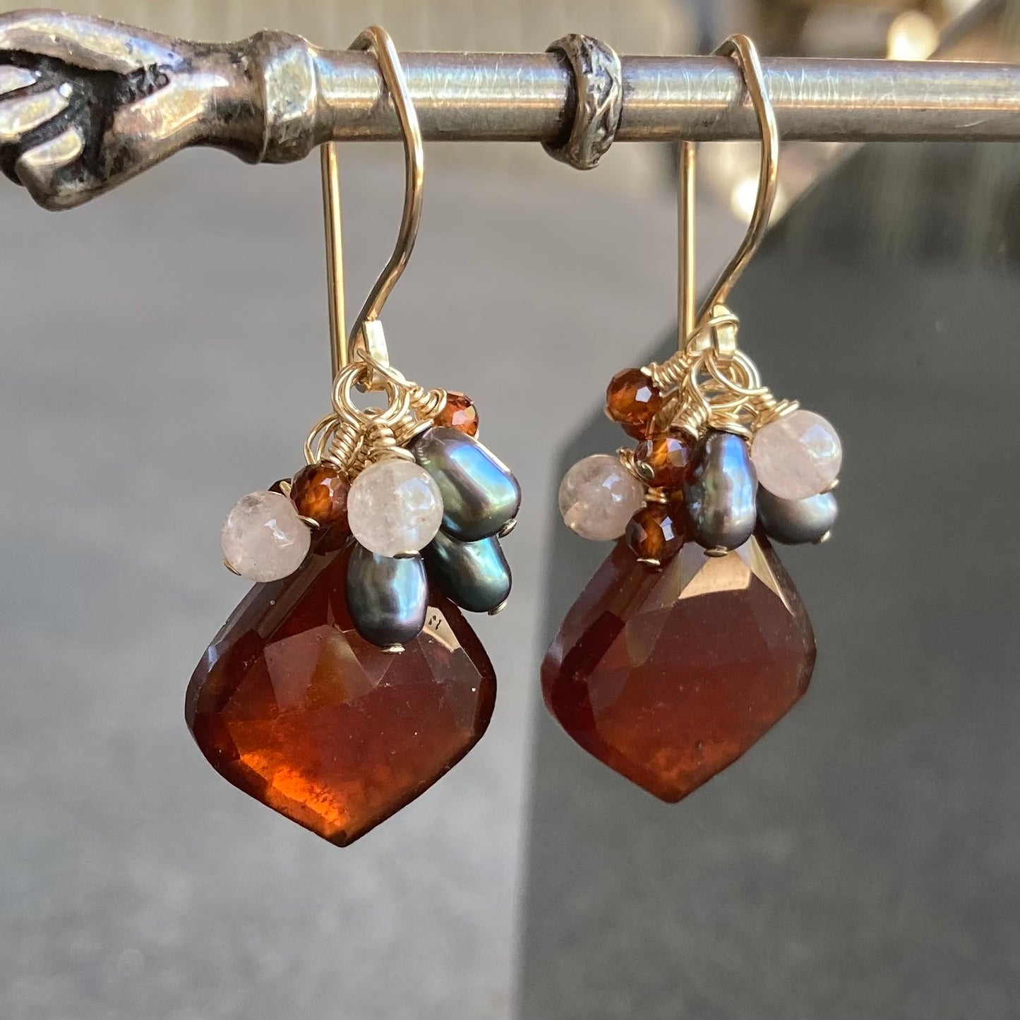 Hessonite, Tahitian Pearl, Morganite & Gold Cluster Earrings