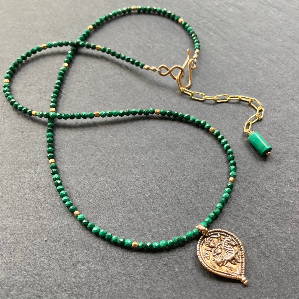 Malachite, Gold & Bronze Medieval Warrior Pendant Necklace