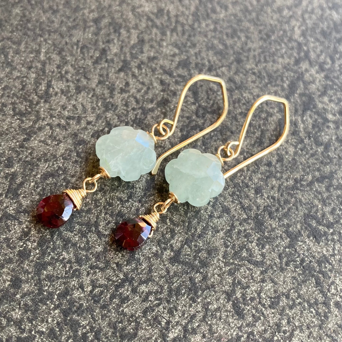 Aquamarine, Rhodolite Garnet & Gold Flower Drop Earrings