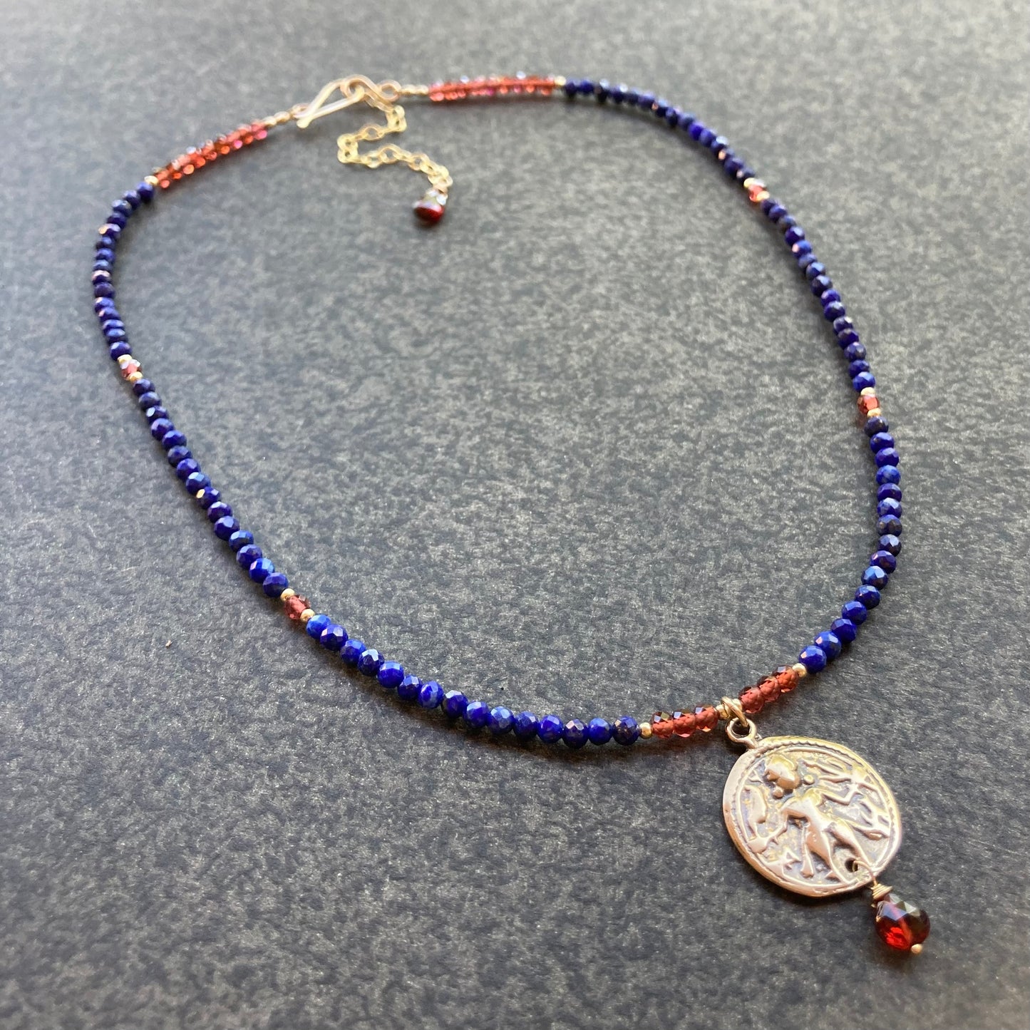 Lapis, Mozambique Garnet, Gold & Bronze Durga Warrior Goddess Necklace