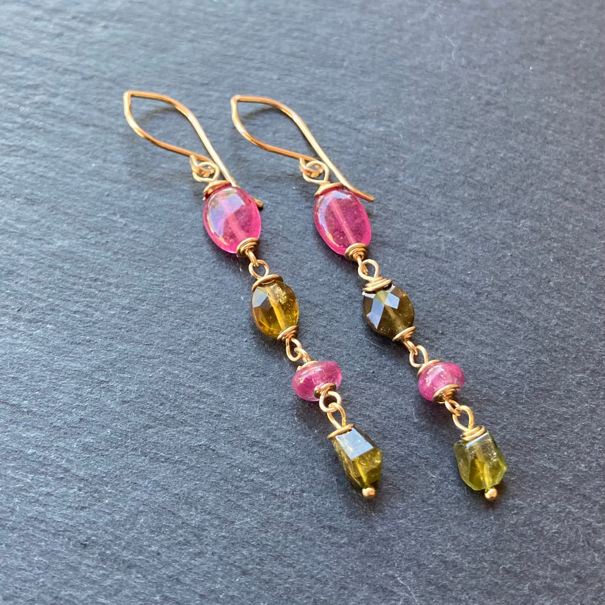 Pink Sapphire, Petro Tourmaline & Gold Earrings