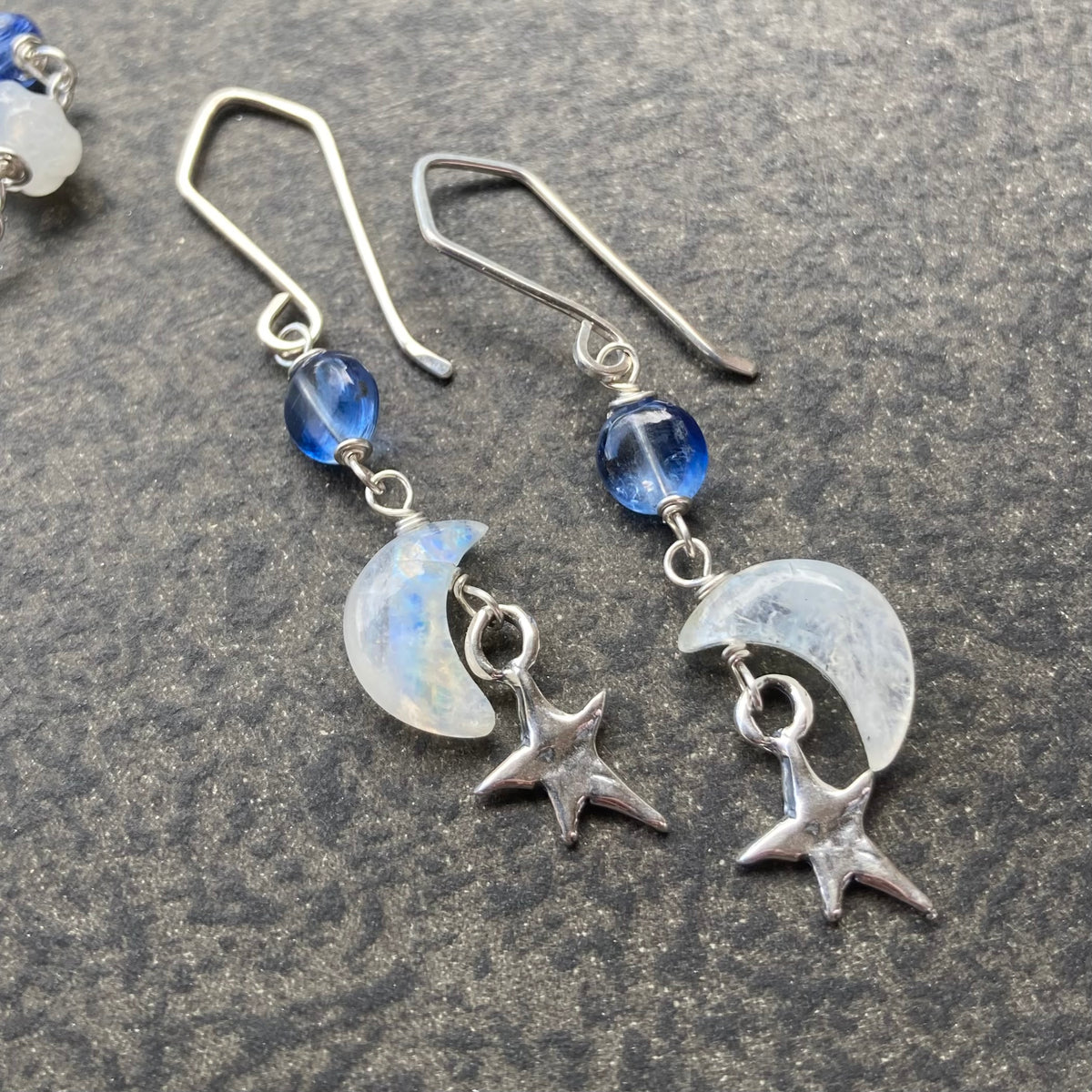 Custom Repair: Rainbow Moonstone, Blue Kyanite & Sterling Siver Moon Star Earrings