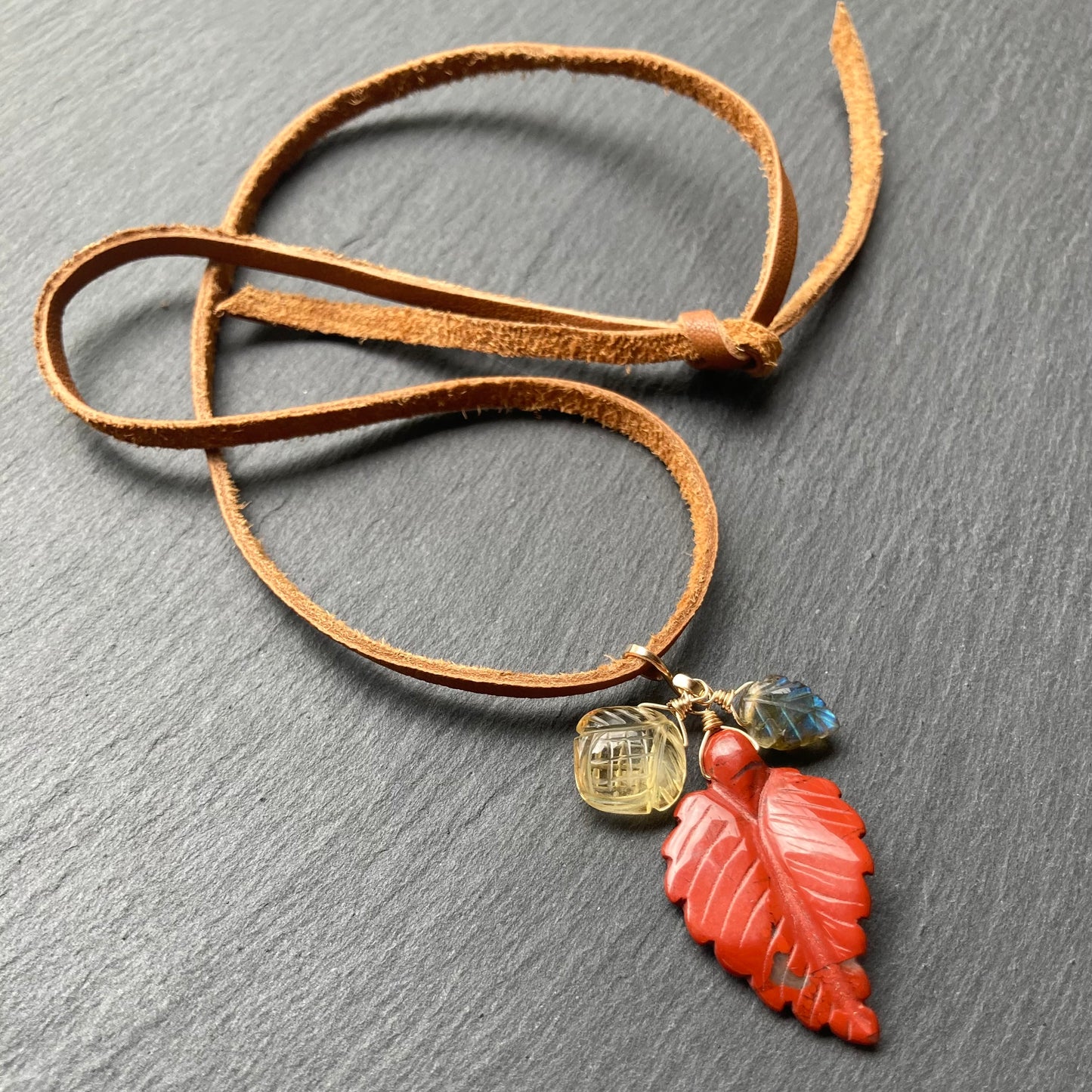 Red Jasper Autumn Leaf Deertan Leather Choker