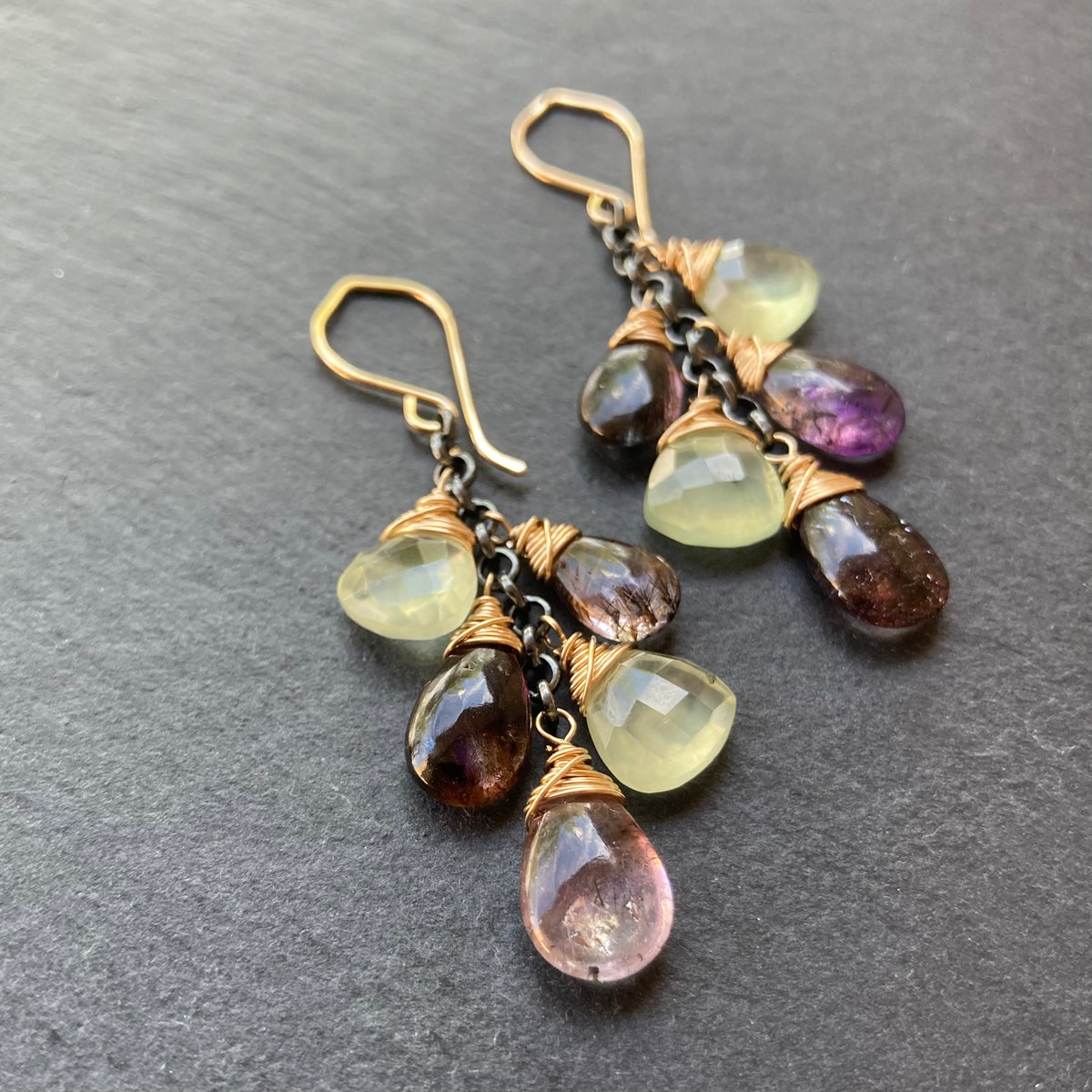 Moss Amethyst, Prehnite & Mixed Metal Earrings