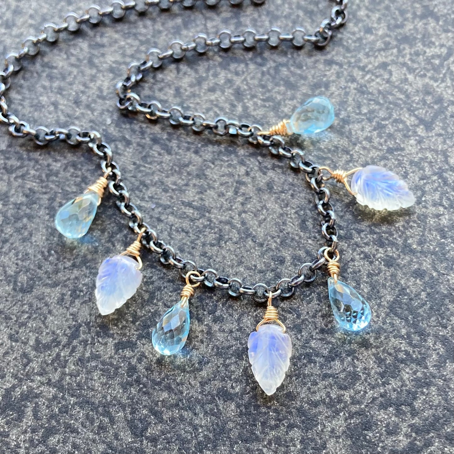 Blue Topaz, Rainbow Moonstone & Mixed Metal Leaf Charm Choker