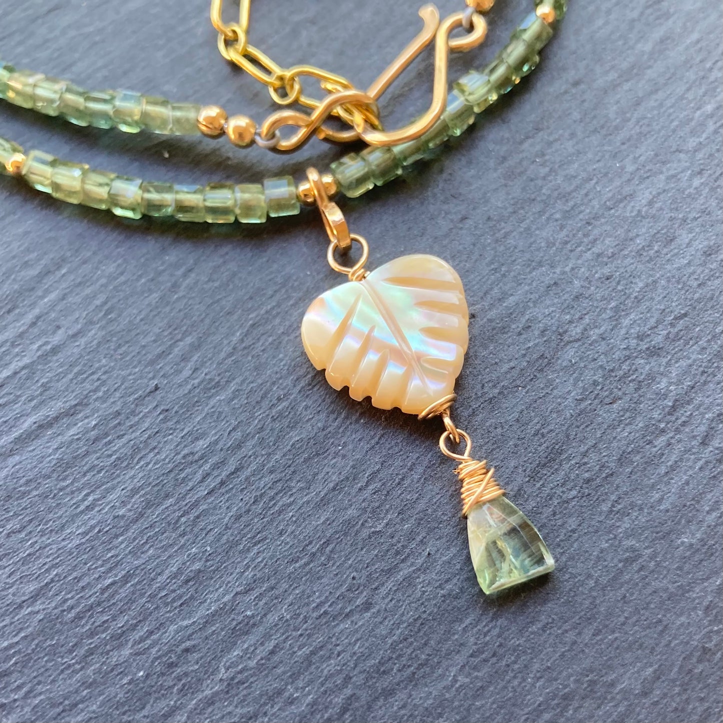 Mother of Pearl, Green Apatite & Gold Palm Heart Necklace