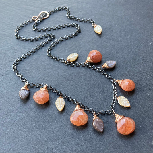 Sunstone, Chocolate Moonstone, Mother of Pearl & Mixed Metal Charm Choker