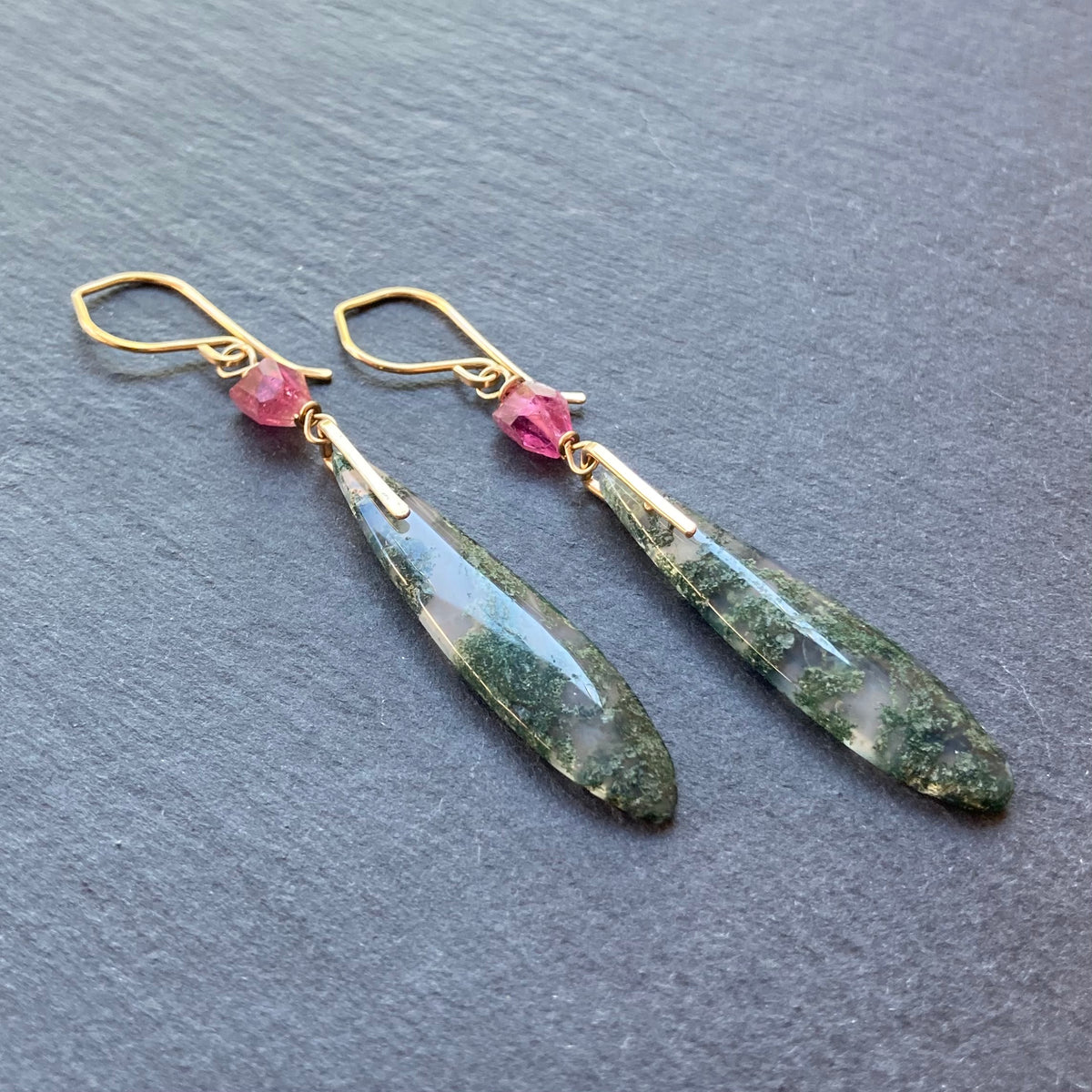 Moss Agate, Pink Tourmaline & Gold Long Drop Earrings