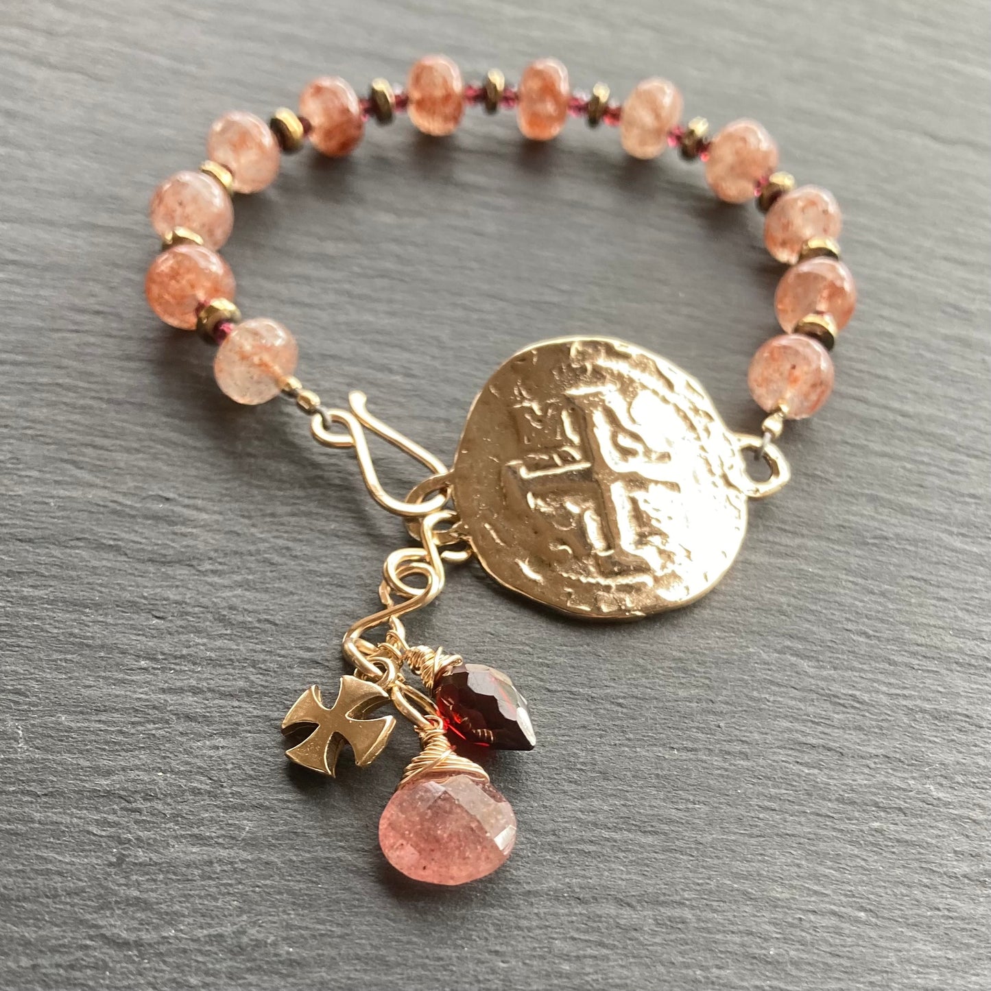 Strawberry Quartz & Bronze Spanish Coin Bracelet