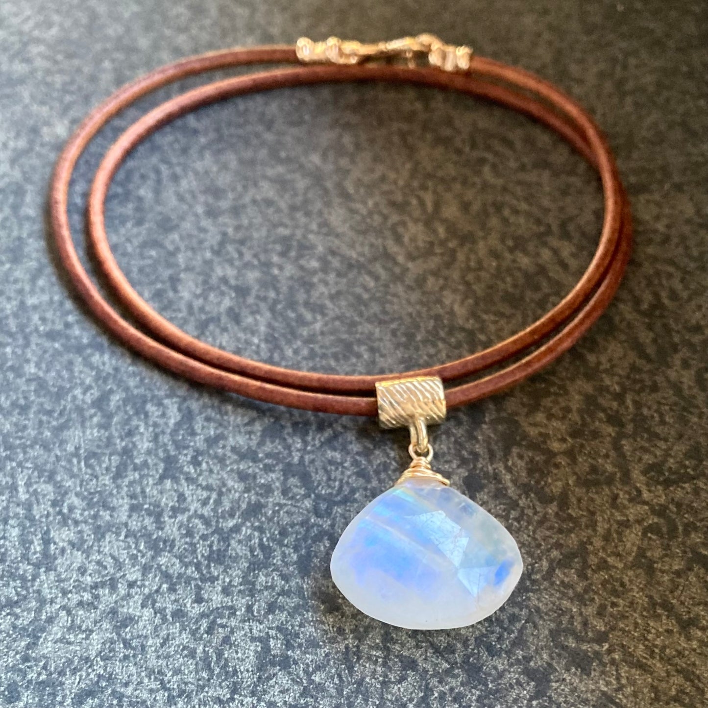 Rainbow Moonstone & Bronze Leather Choker