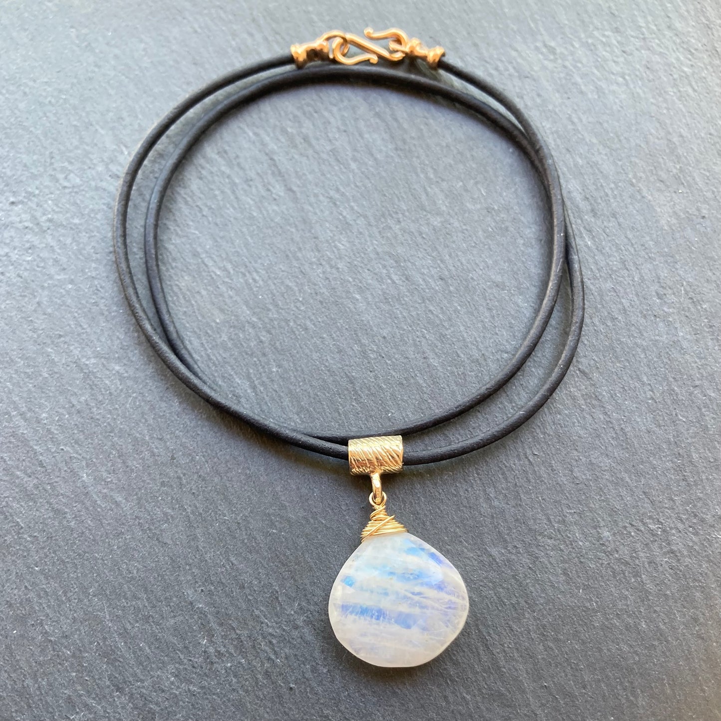 Rainbow Moonstone & Bronze Leather Choker