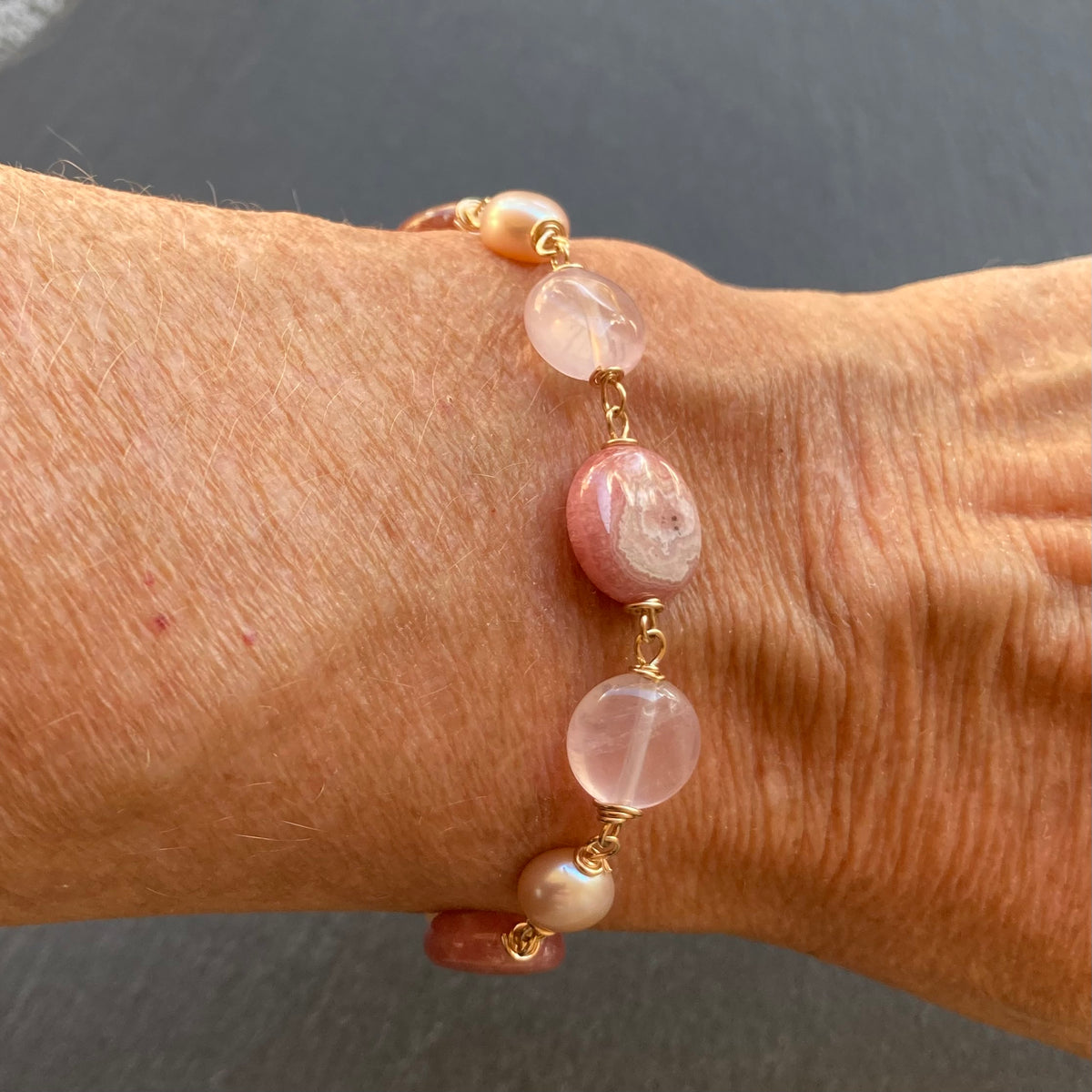 Rhodochrosite, Rose Quartz, Pearl & Gold Bracelet