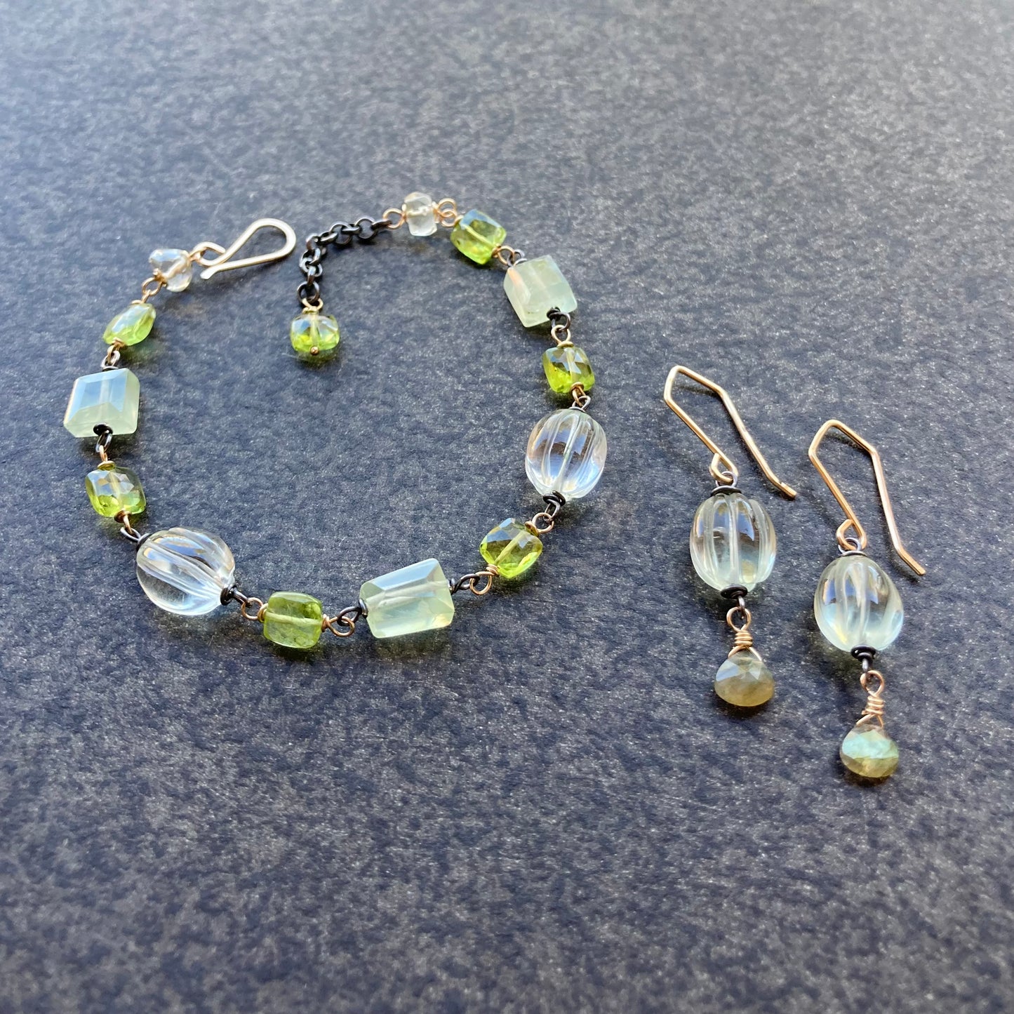 Peridot, Prasiolite, Prehnite & Mixed Metal Bracelet