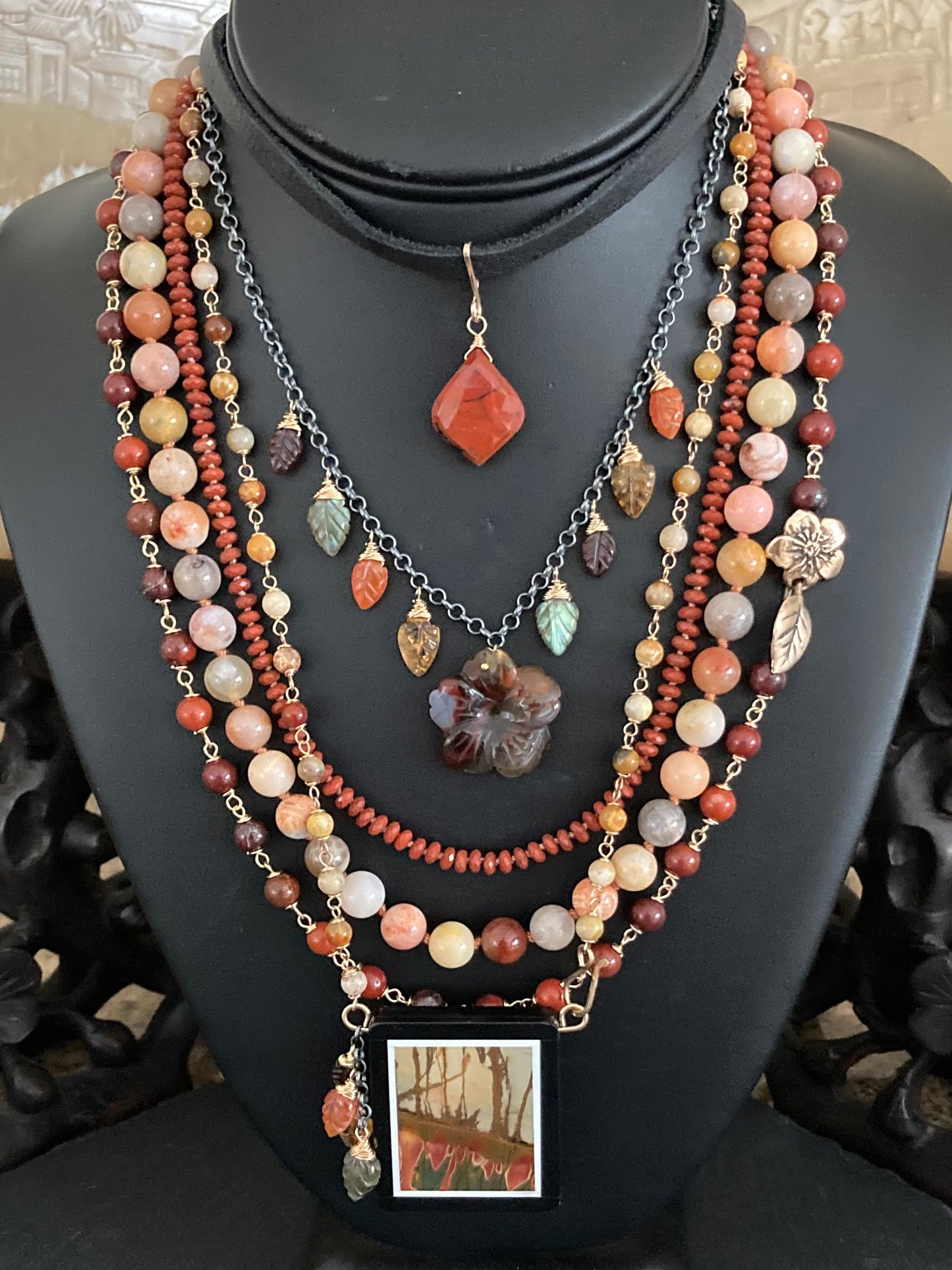 Red Jasper, Gold & Bronze Floral Clasp Necklace