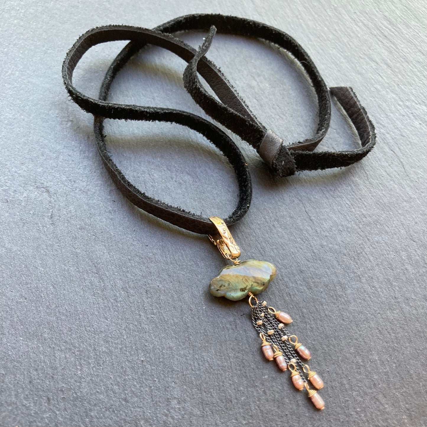 Labradorite, Mauve Pearl & Mixed Metal Storm Deertan Leather Choker