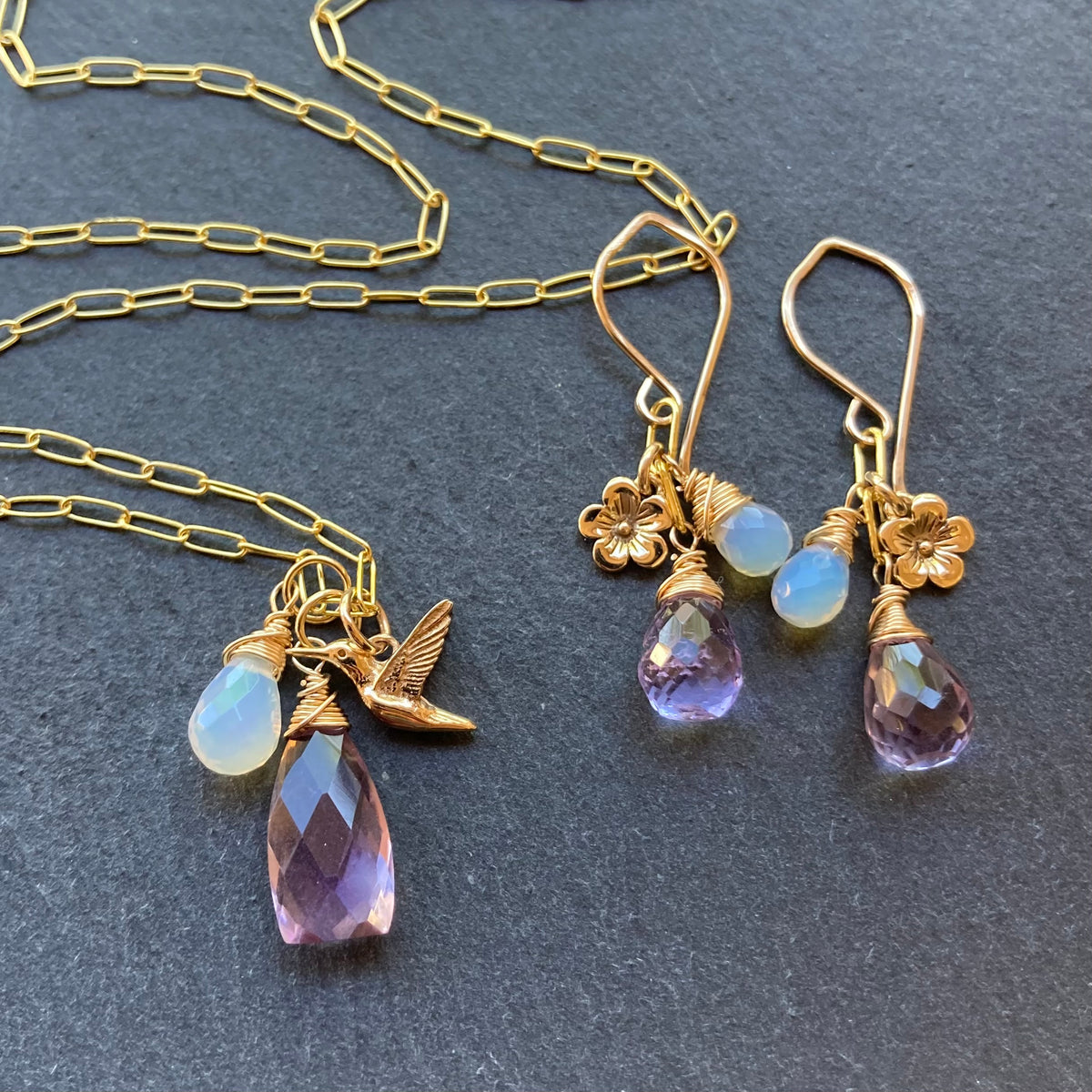 Pink Amethyst, Ethiopian Opal & Gold Hummingbird Charm Necklace