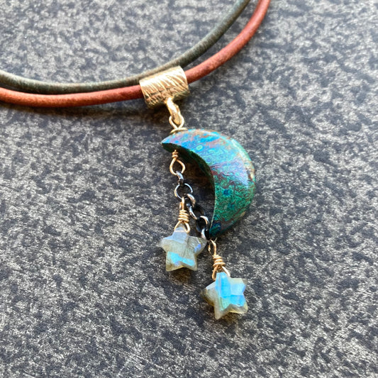 Chrysocolla, Labradorite & Mixed Metal Falling Stars Leather Choker