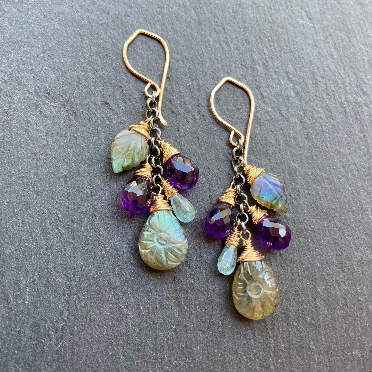 Labradorite, Amethyst & Mixed Metal Bloom Cascade Earrings