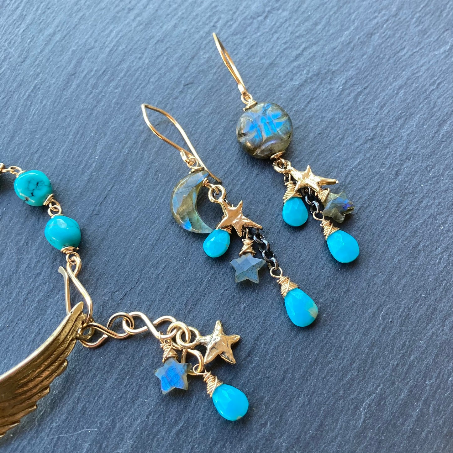 Turquoise, Gold & Bronze Winged Goddess Bracelet