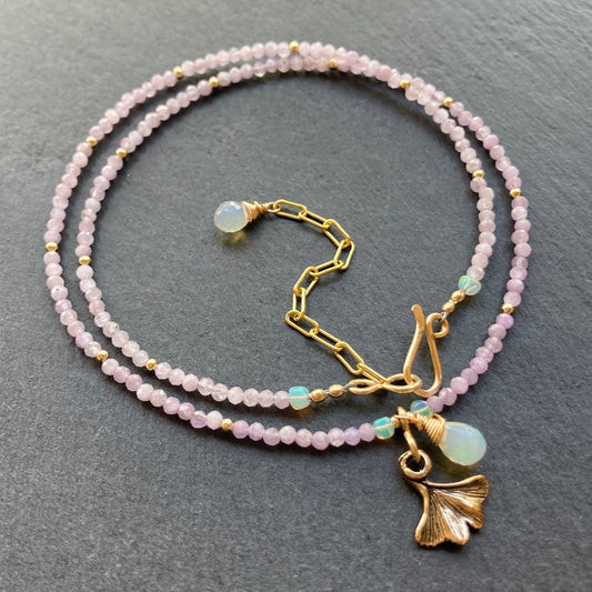 Kunzite, Gold & Bronze Ginkgo Leaf Choker