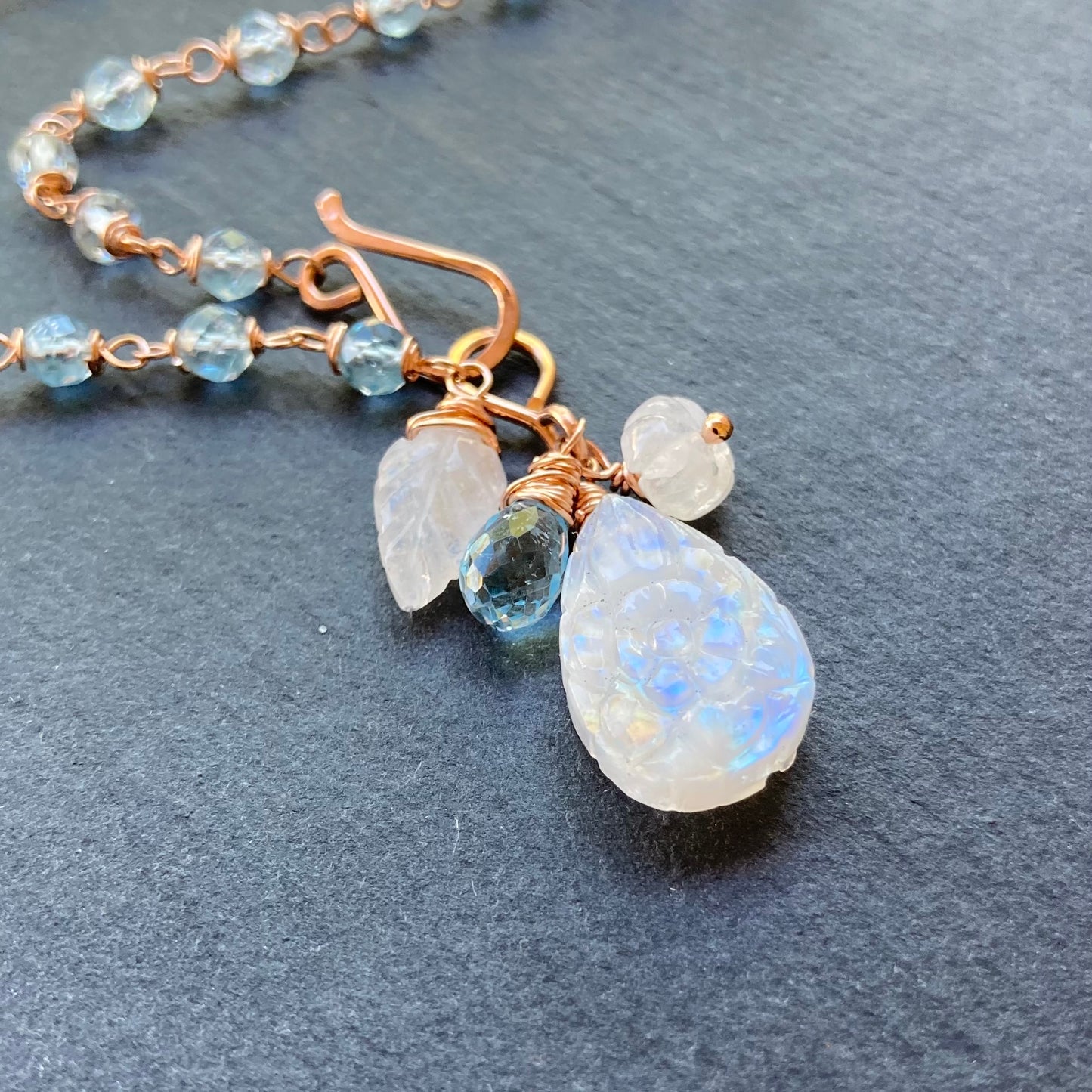 Blue Topaz, Rose Gold & Rainbow Moonstone Pendant Necklace