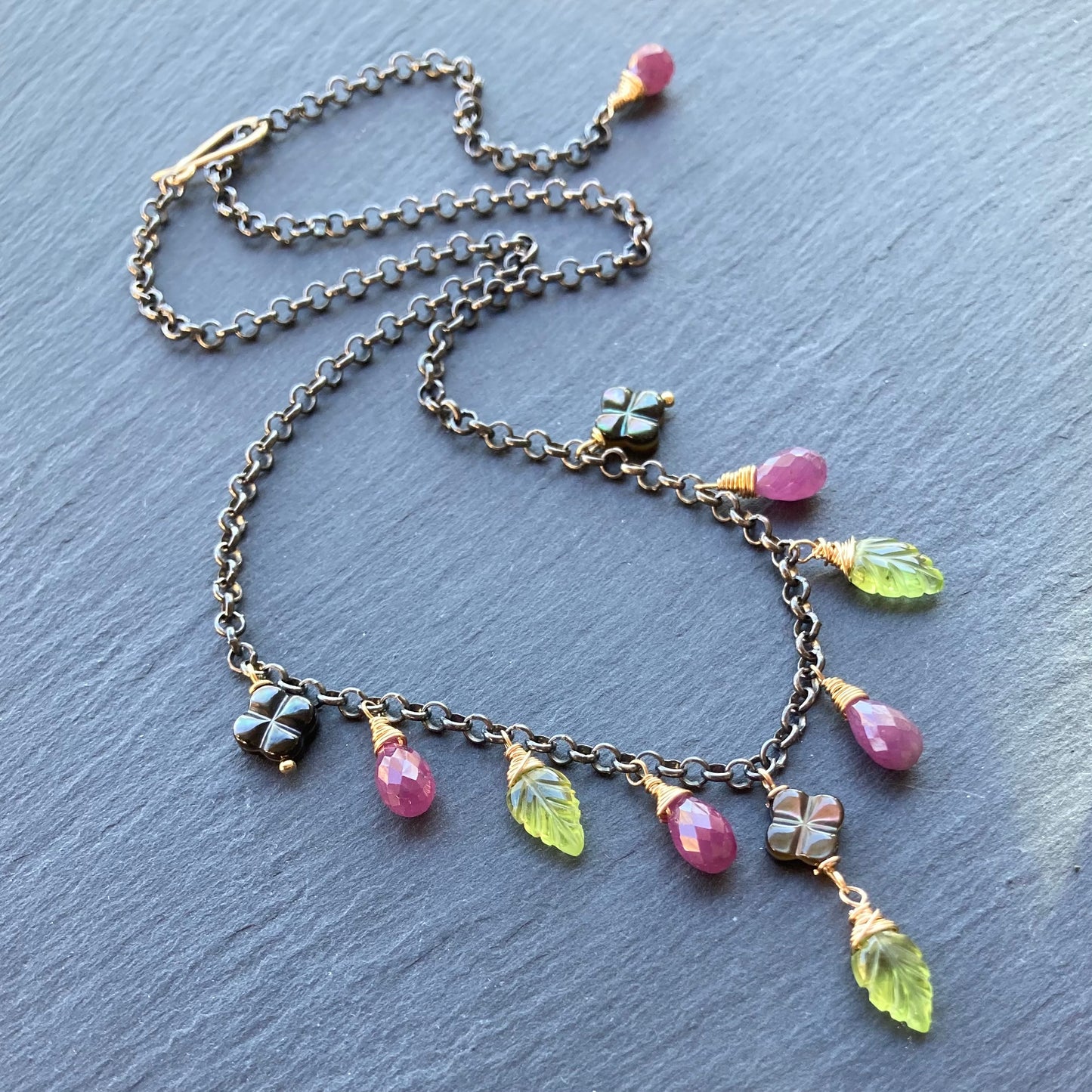 Ruby, Peridot, Black Mother of Pearl & Mixed Metal Charm Choker