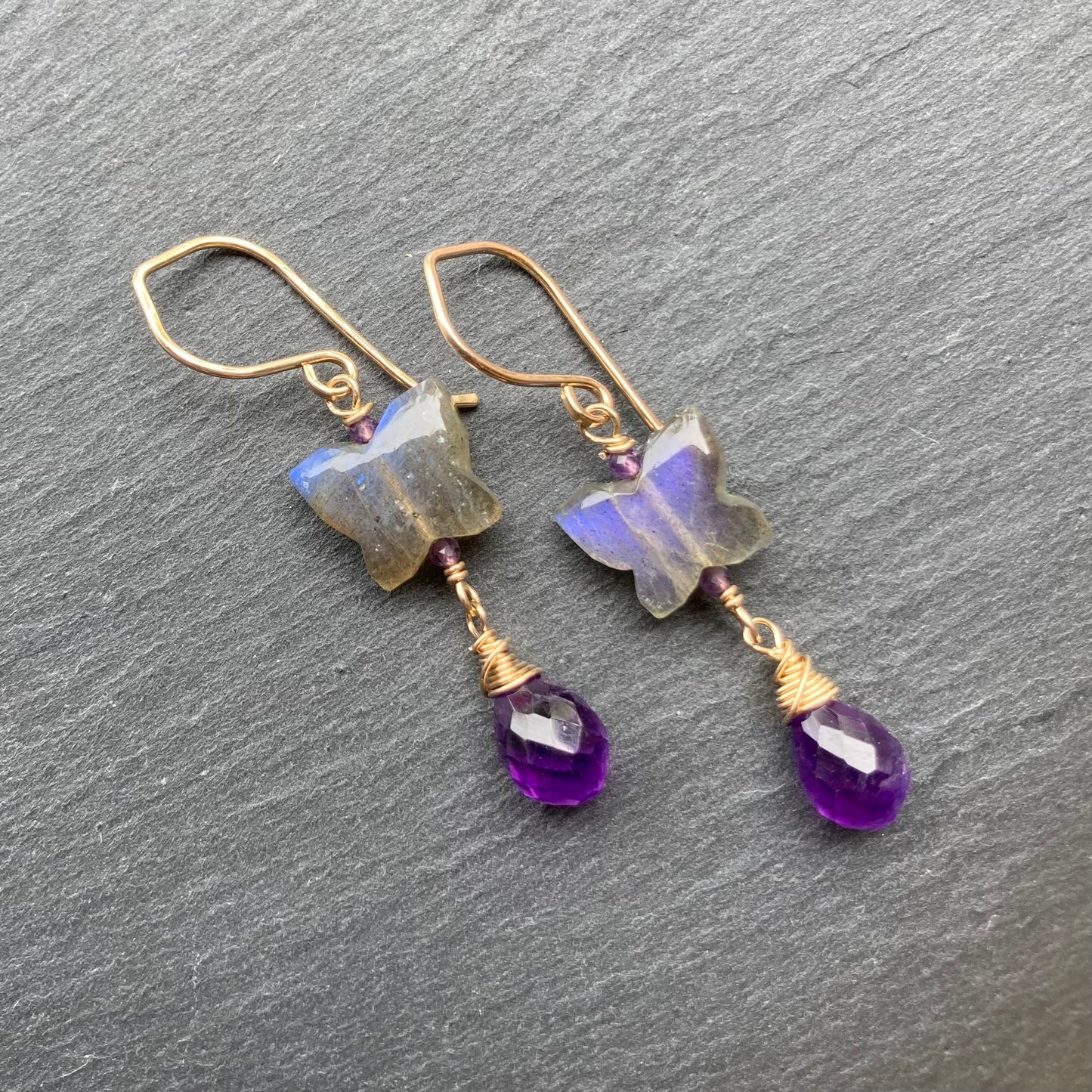 Labradorite, Amethyst & Gold Butterfly Earrings