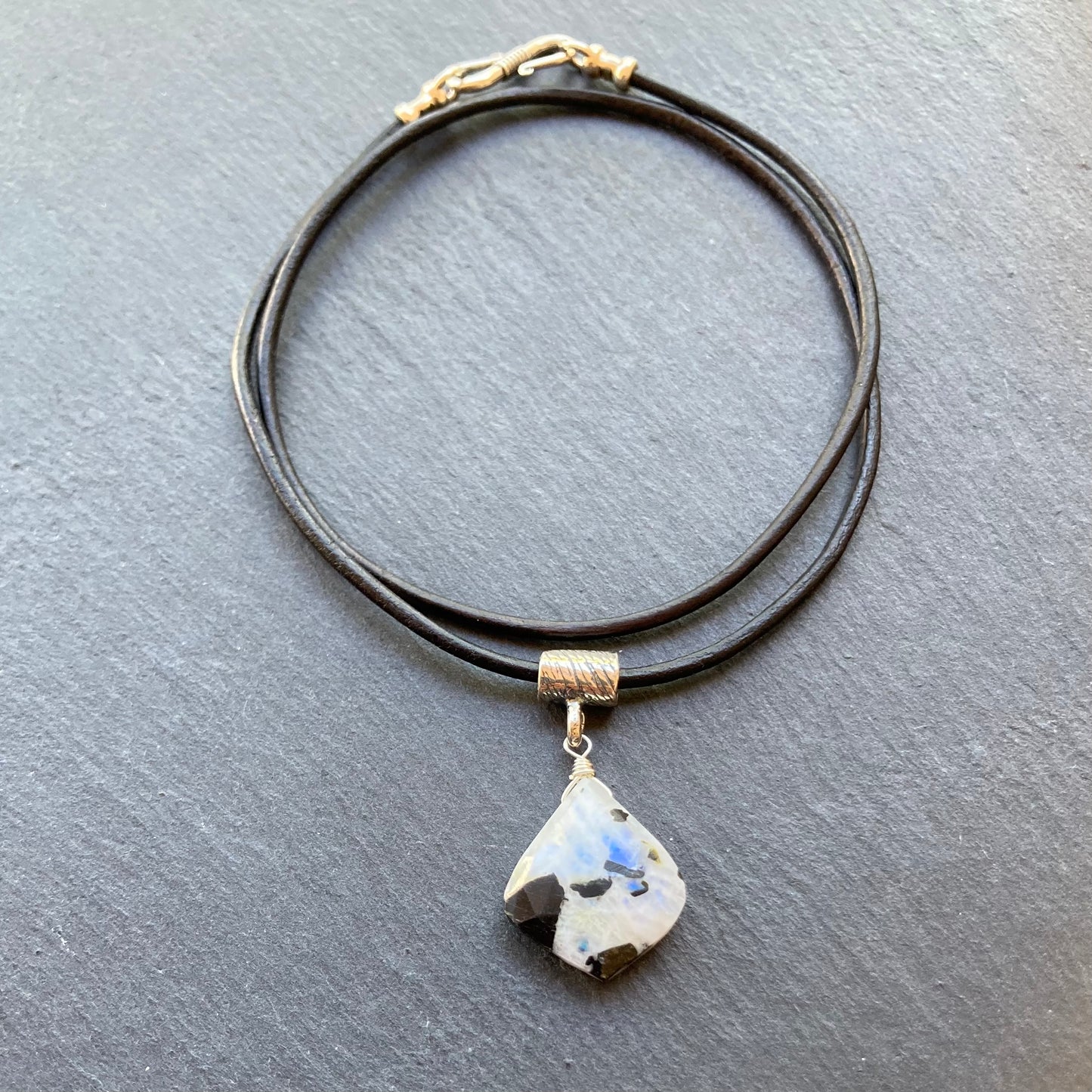 Tourmalinated Rainbow Moonstone & Sterling Silver Leather Choker