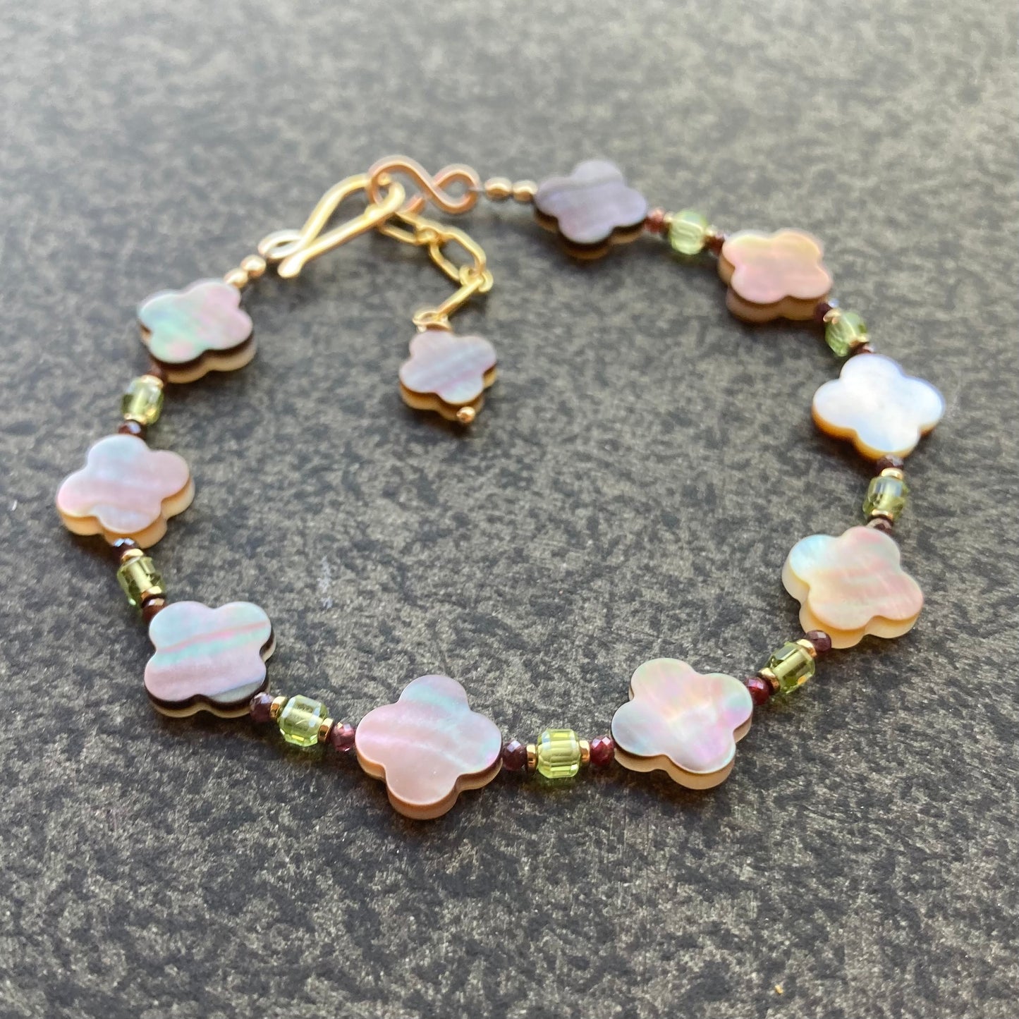 Black Mother of Pearl, Peridot, Ruby & Gold Clover Bracelet