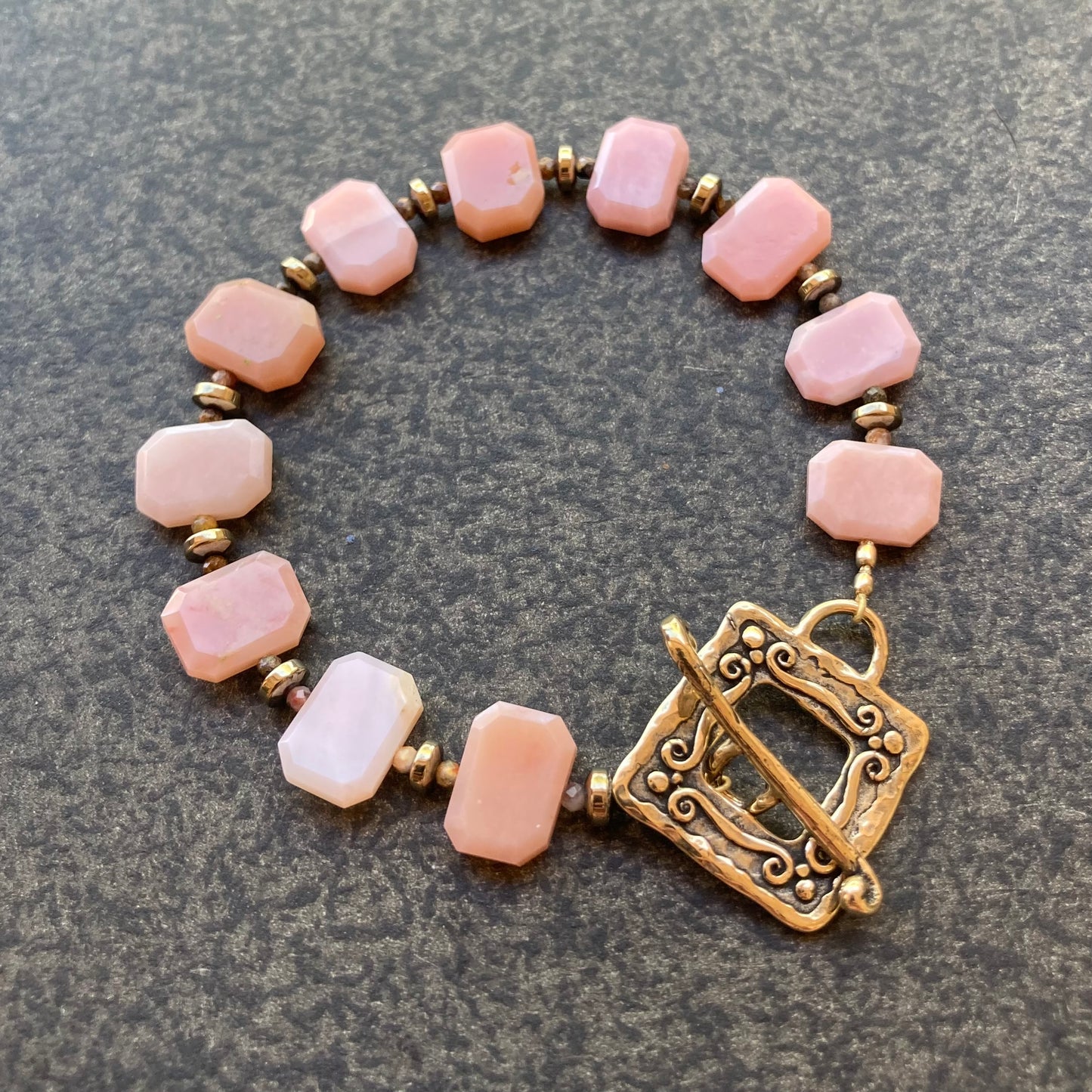 Peruvian Pink Opal, Pyrite & Bronze Toggle Bracelet