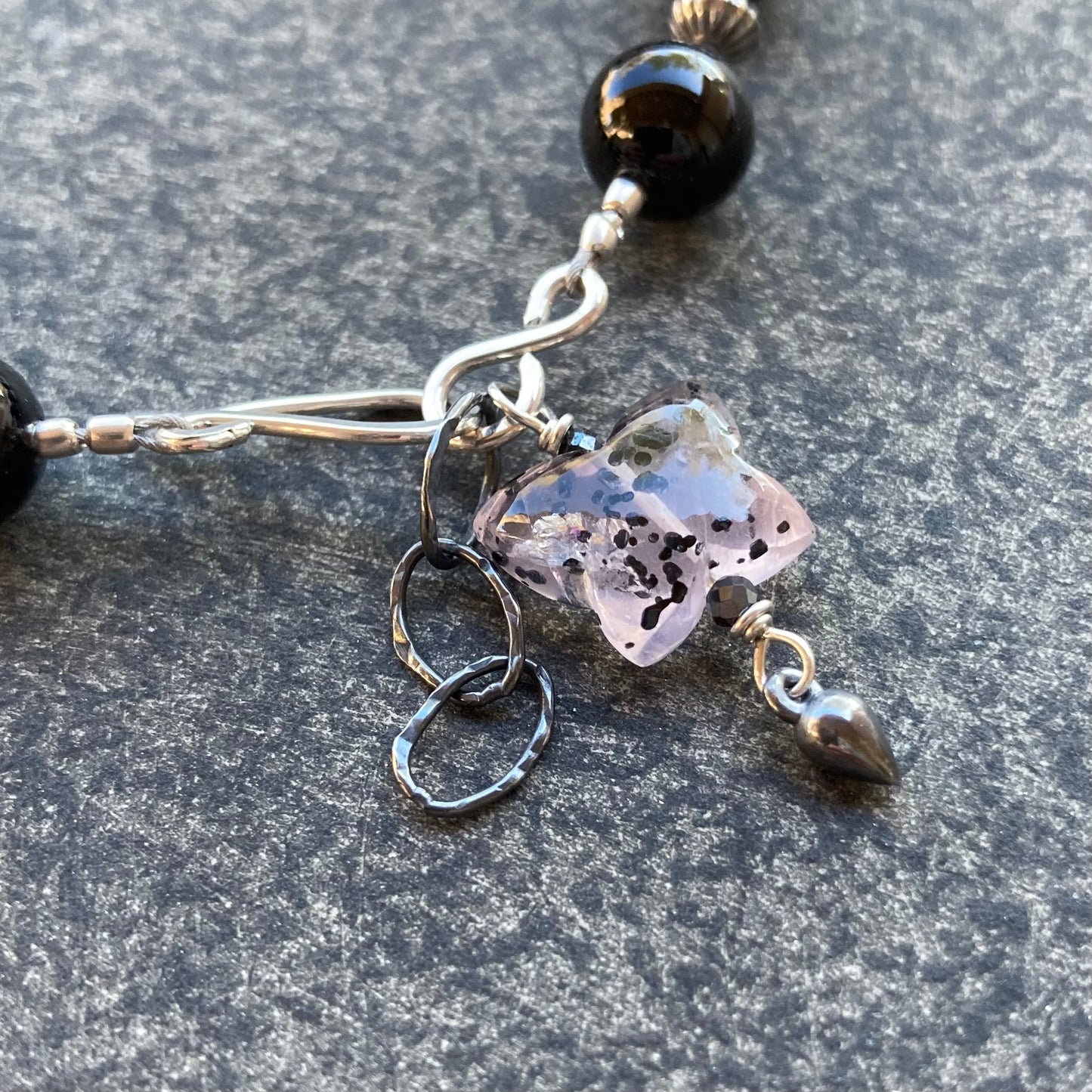 Black Onyx & Rutilated Rose Quartz Butterfly Charm Bracelet