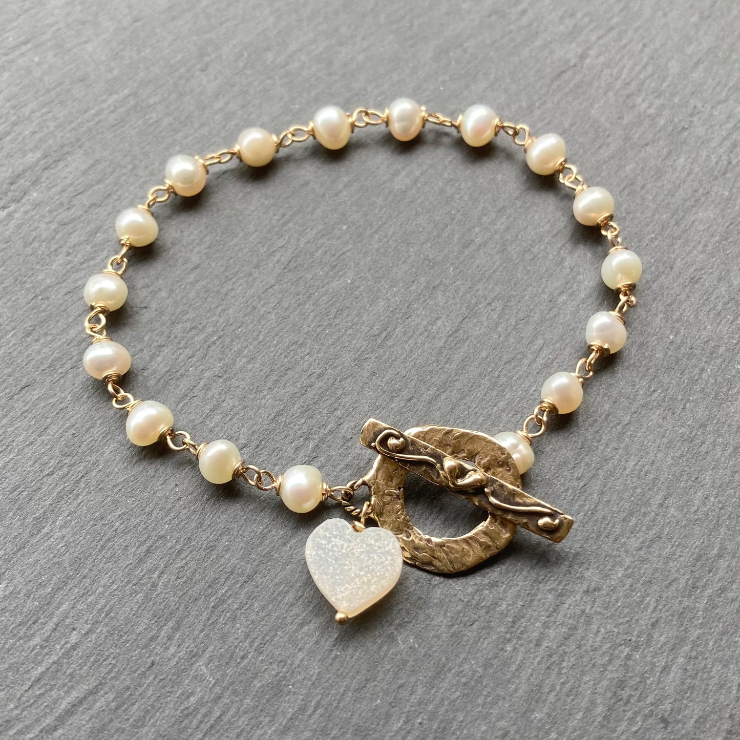 Freshwater Pearl, Gold & Bronze Heart Toggle Bracelet