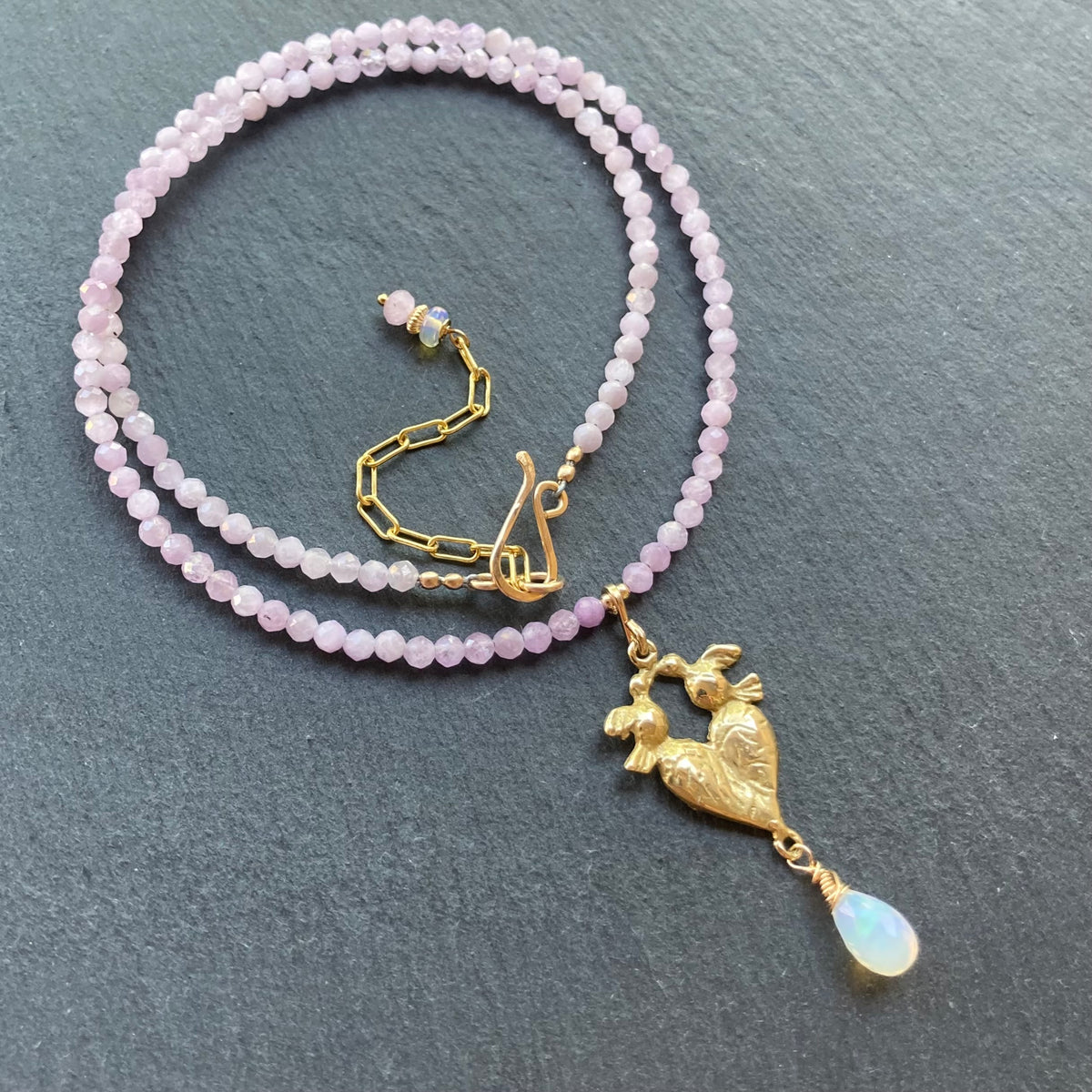 Kunzite, Ethiopian Opal, Gold & Bronze Love Birds Pendant Necklace