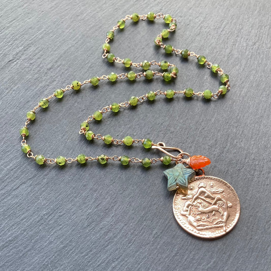Nephrite Jade, Rose Gold & Bronze Tibetan Snow Lion Coin Necklace